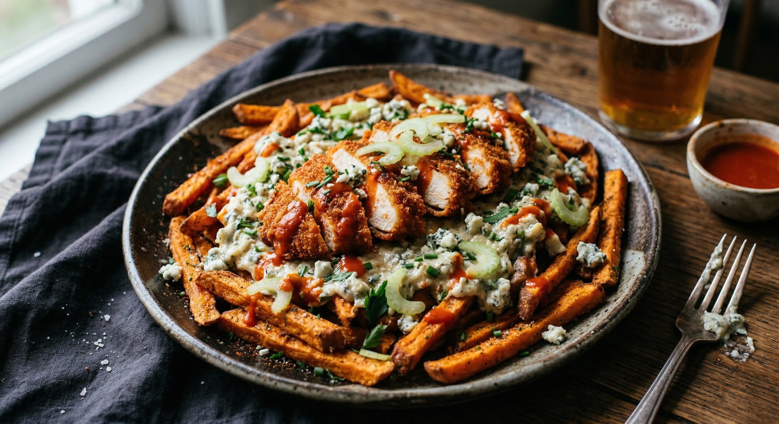 Crispy sweet potato fries topped with breaded buffalo chicken, rich blue cheese gravy, and vibrant red garlic hot sauce on a rustic ceramic platter.