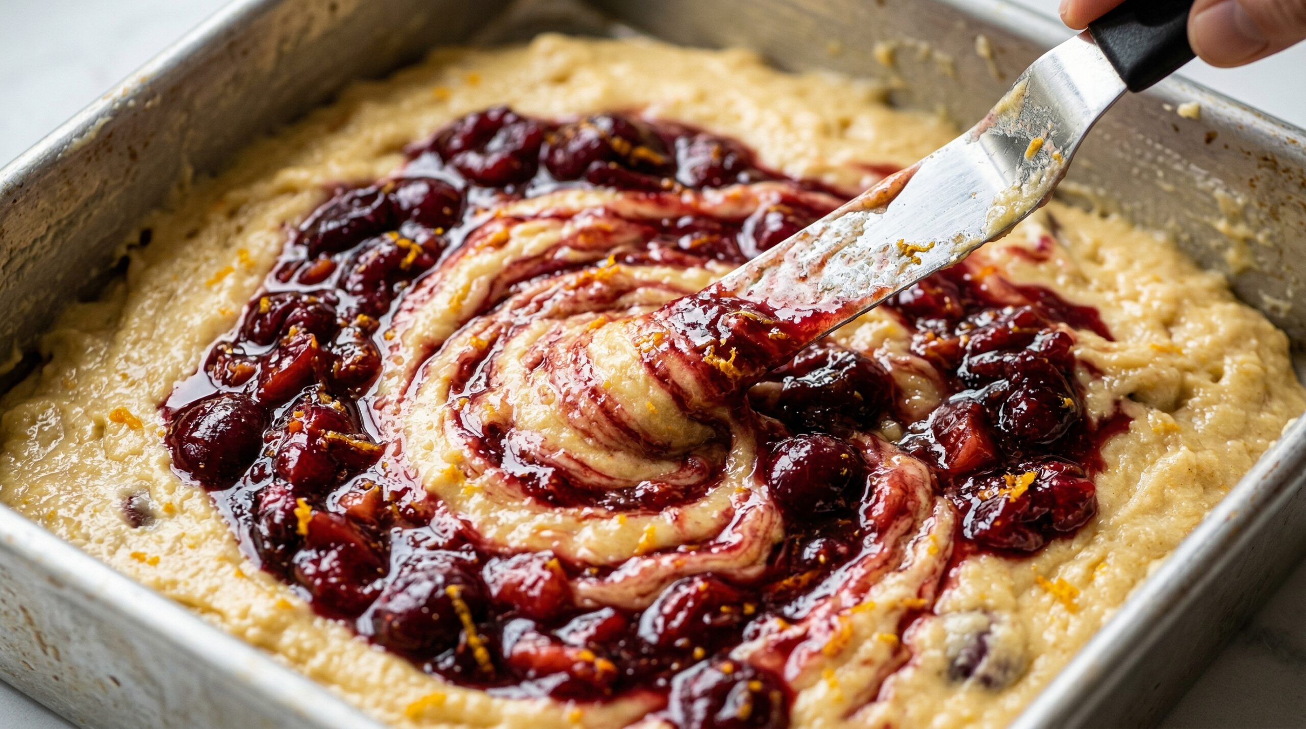 Macro detail of a silver offset spatula actively swirling a syrupy layer of macerated cherries and orange zest into a golden cake batter
