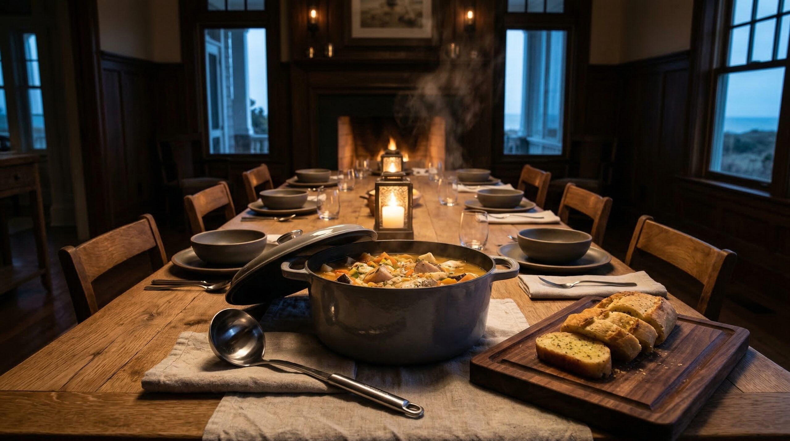 Cozy coastal evening dinner for eight featuring a steaming Dutch oven of swordfish chowder and warm table lanterns