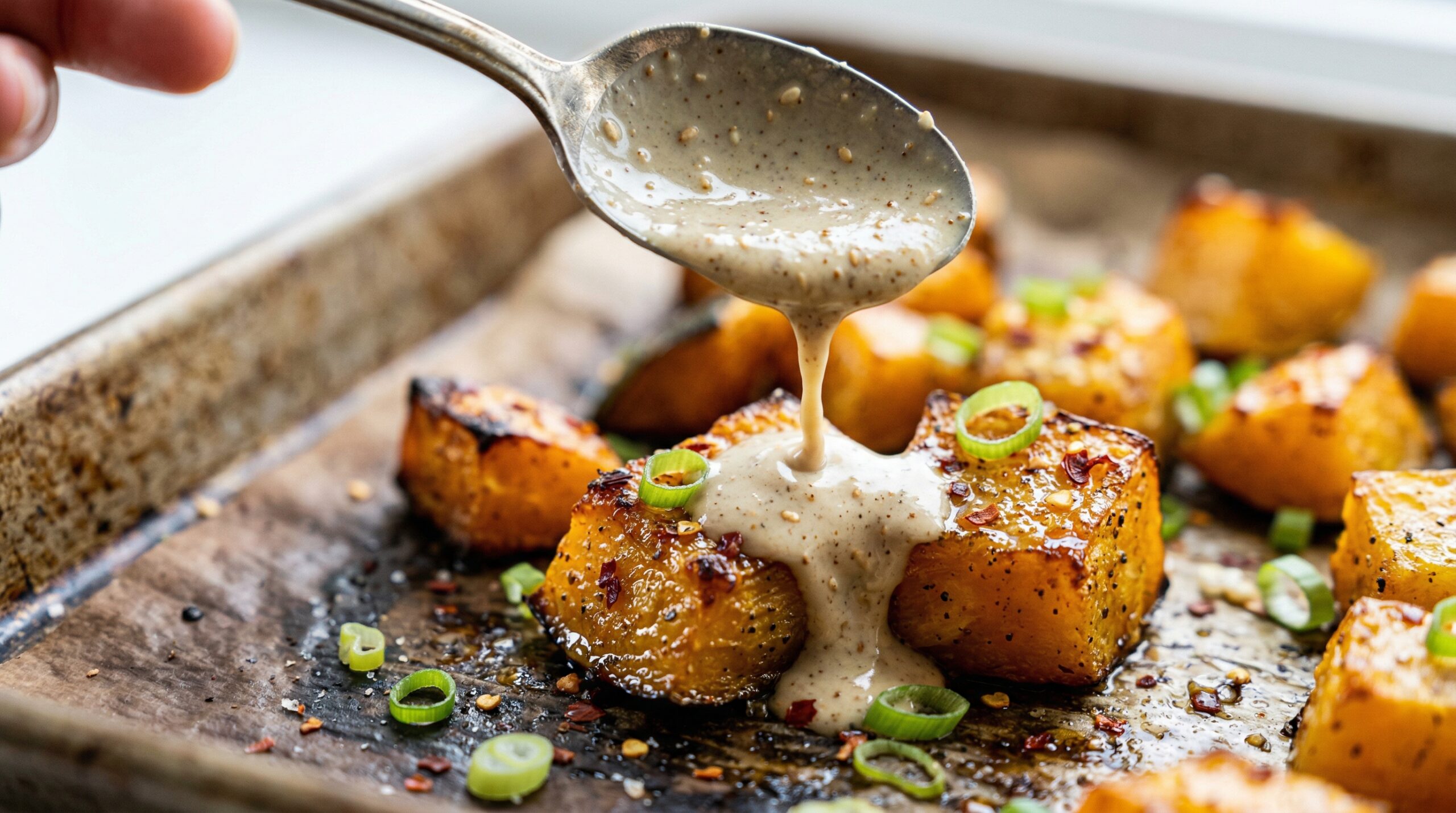 Macro detail of a thick, speckled tahini and sesame oil emulsion being drizzled over golden-orange cubes of roasted acorn squash