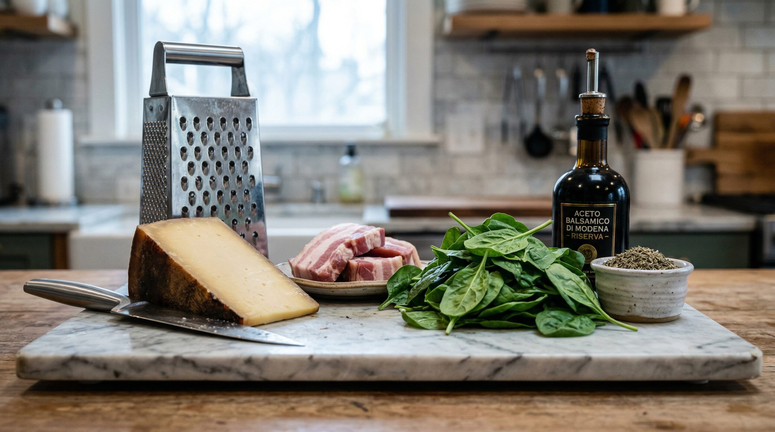 A wedge of smoked Gruyere cheese, thick-cut bacon, fresh spinach, and dark balsamic vinegar resting on a heavy marble prep board