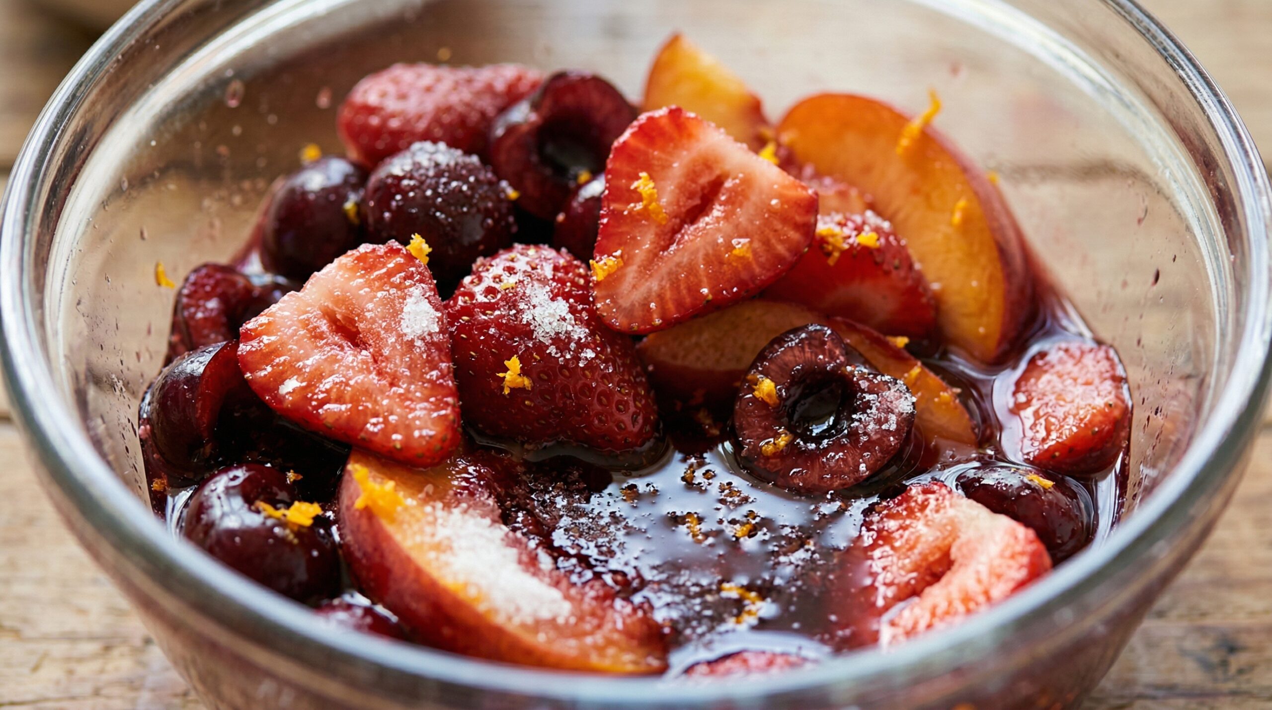 Macro detail of bright red quartered strawberries, halved cherries, and sliced peaches actively weeping their dark juices into a pool of silver tequila and sugar