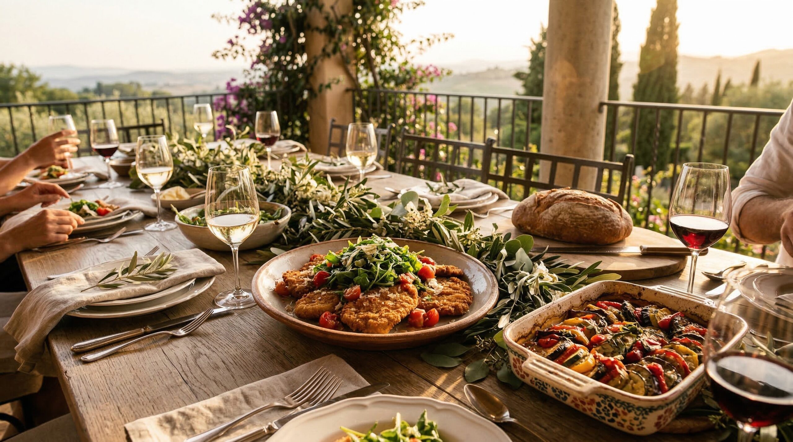 An elegant, abundant dinner party table setting featuring platters of crispy Chicken Milanese and rustic Ratatouille, ready for guests.