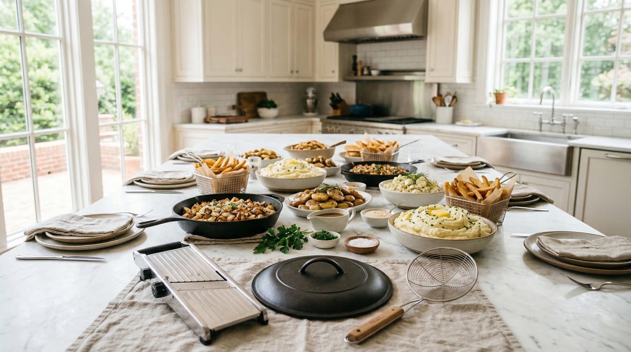 Abundant potato masterclass brunch for eight on a sun-drenched estate kitchen island