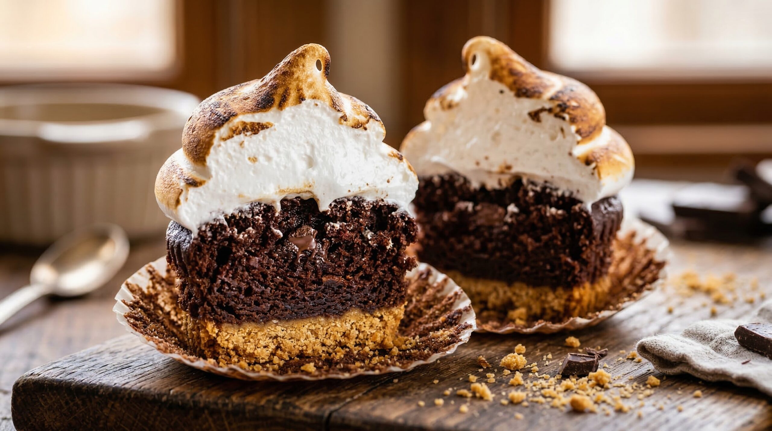 Macro close-up of a S'mores cupcake split in half, revealing a golden graham cracker crust, dark chocolate cake, and glossy toasted marshmallow meringue.