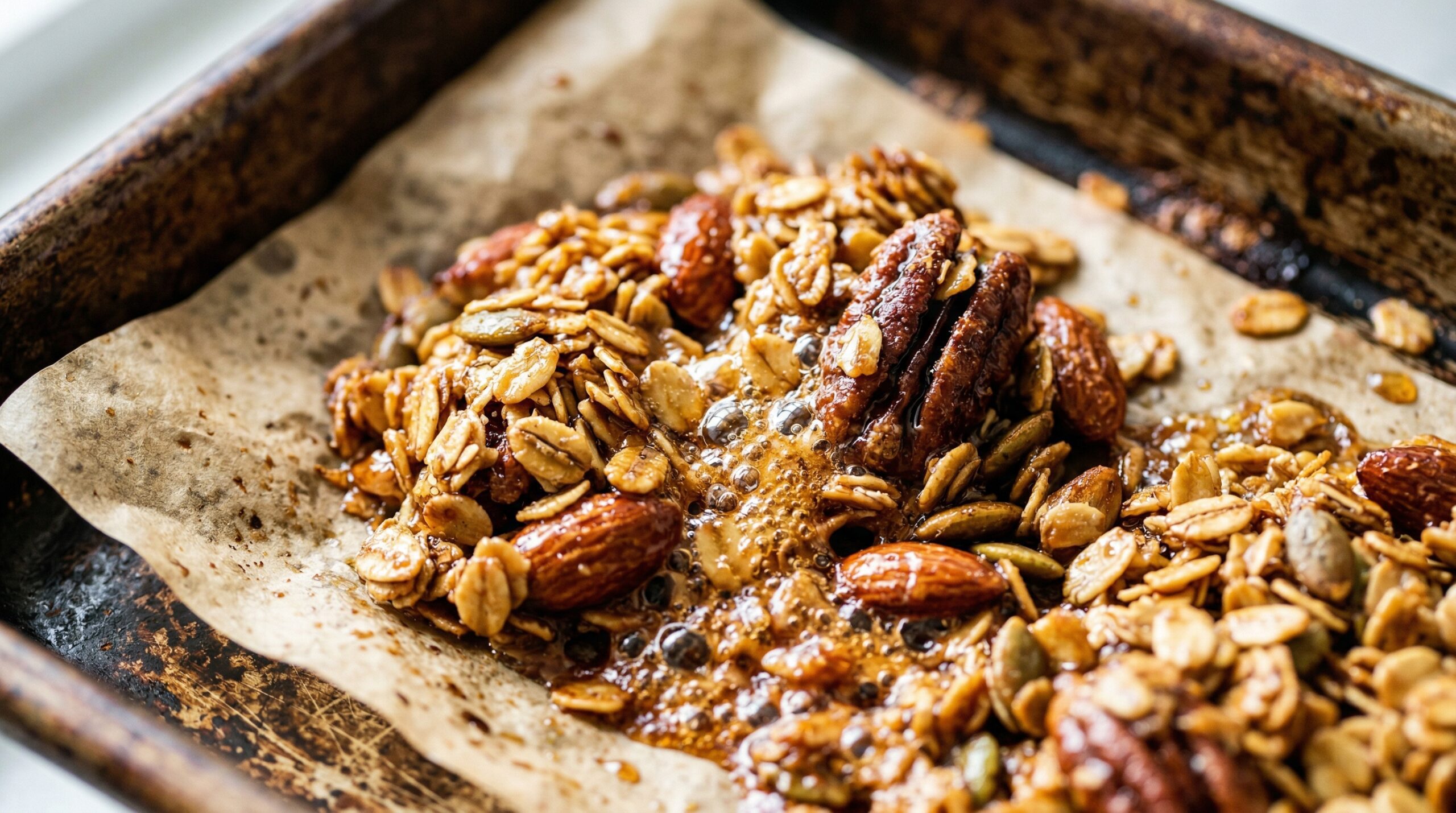 Macro detail of a deeply golden, toasted mixture of rolled oats, pecans, almonds, and pumpkin seeds clumping together in a hot syrup glaze