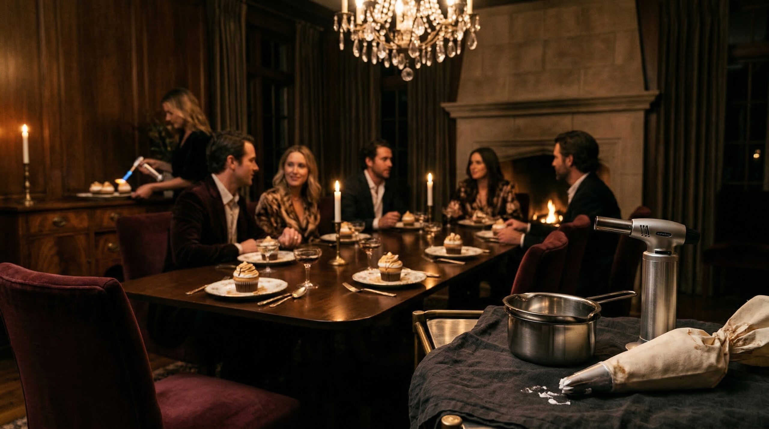 Intimate evening estate dessert service for eight featuring Toasted S'mores Cupcakes and a professional kitchen torch