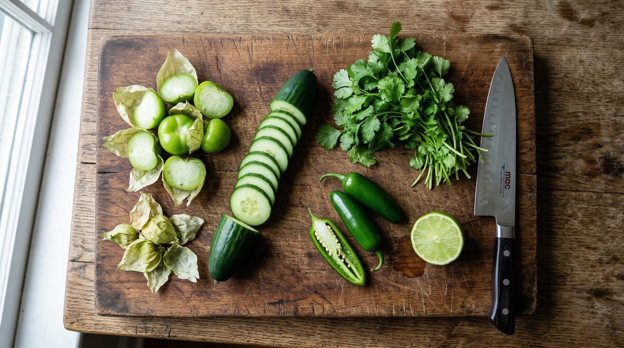 Fresh green tomatillos, cucumber, and jalapeños on a heavy wooden cutting board