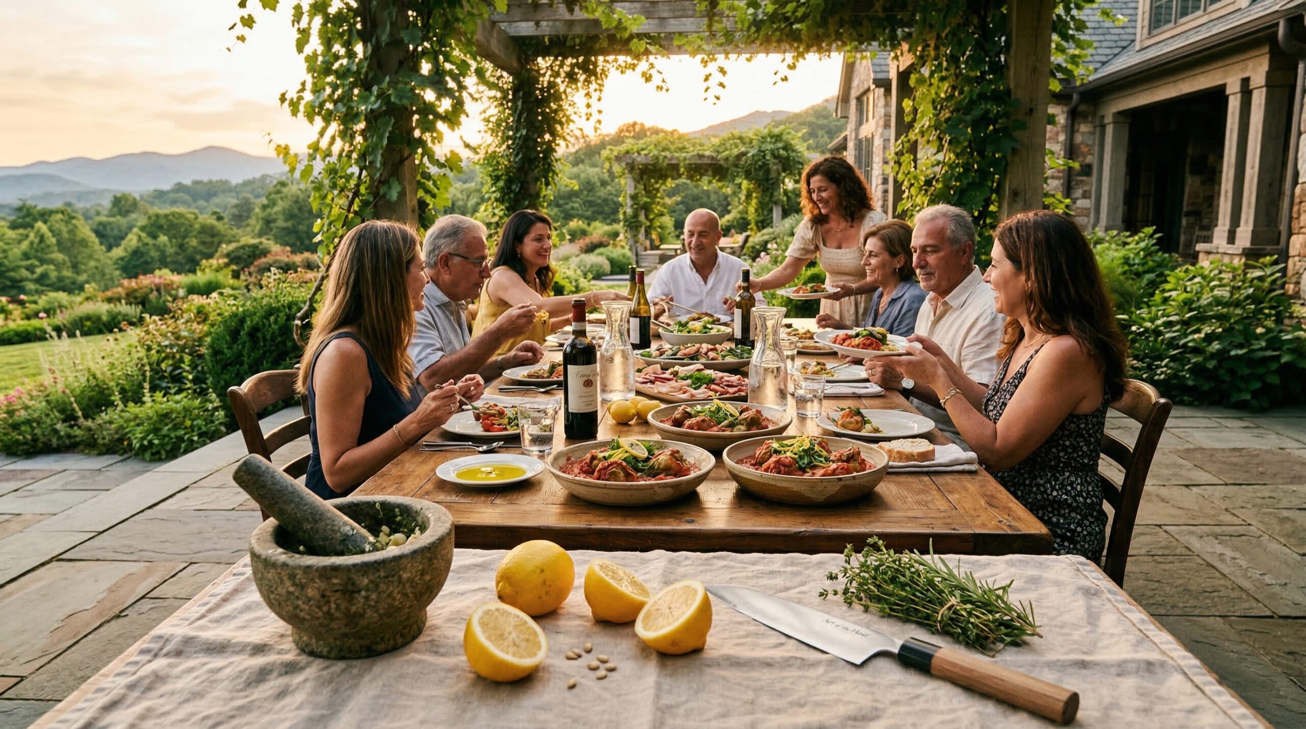 Sun-drenched estate terrace featuring an Italian family feast for eight with tomato-braised artichokes