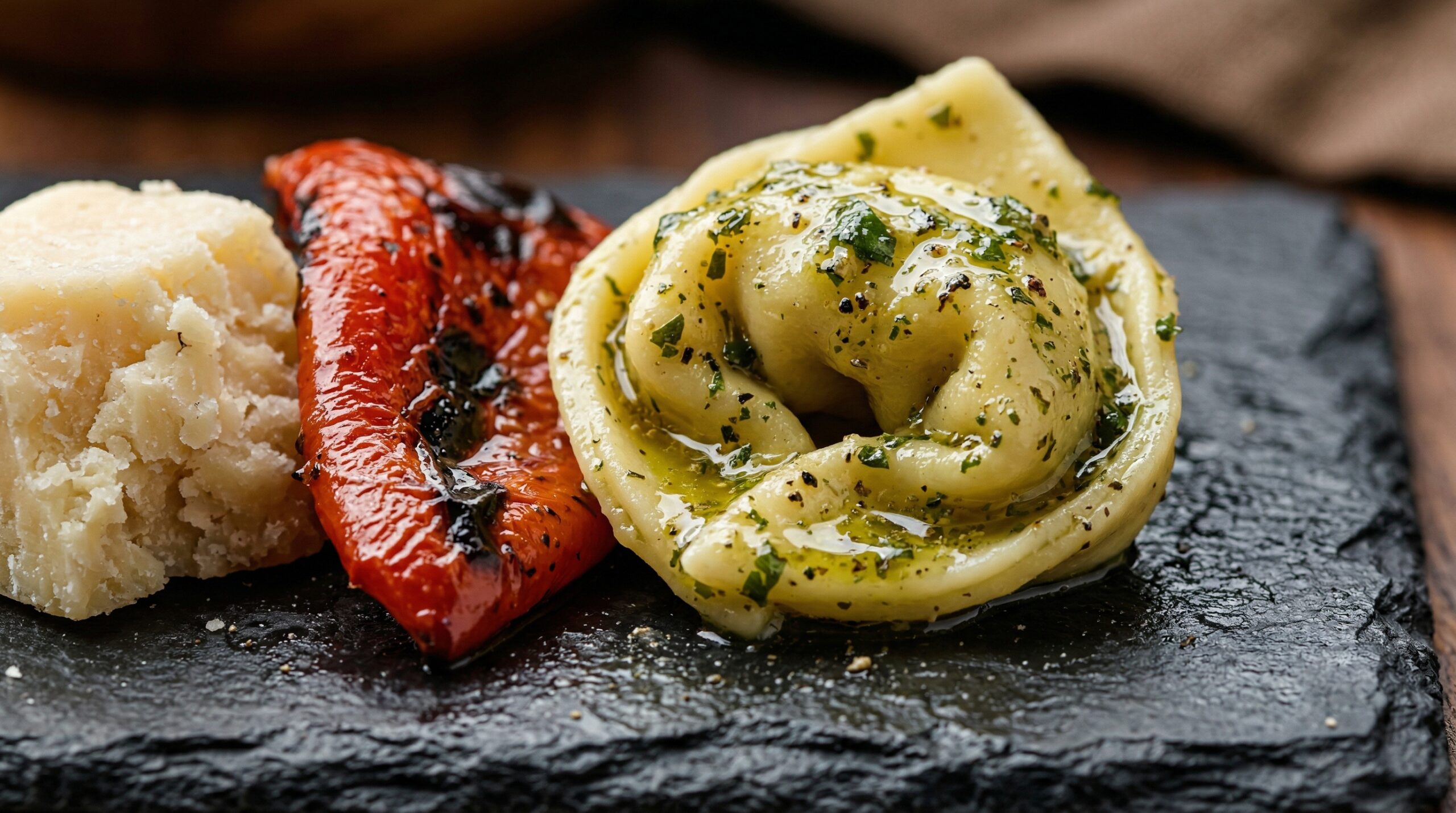Macro detail of perfectly cooked cheese tortellini coated in a glossy, speckled green vinaigrette next to roasted red pepper
