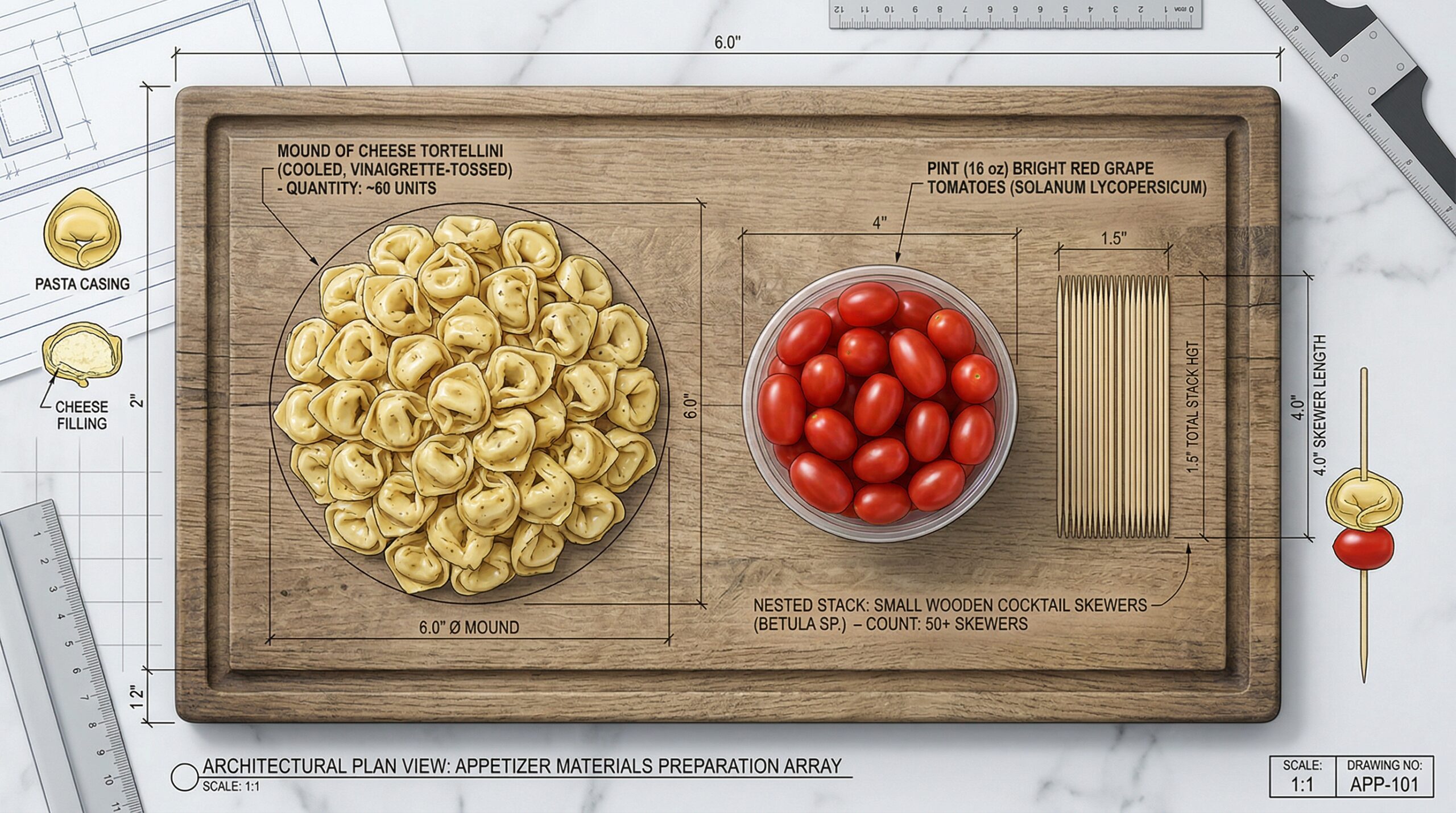 A heavy wooden prep board holding cooked cheese tortellini tossed in vinaigrette, bright red grape tomatoes, and small wooden cocktail skewers