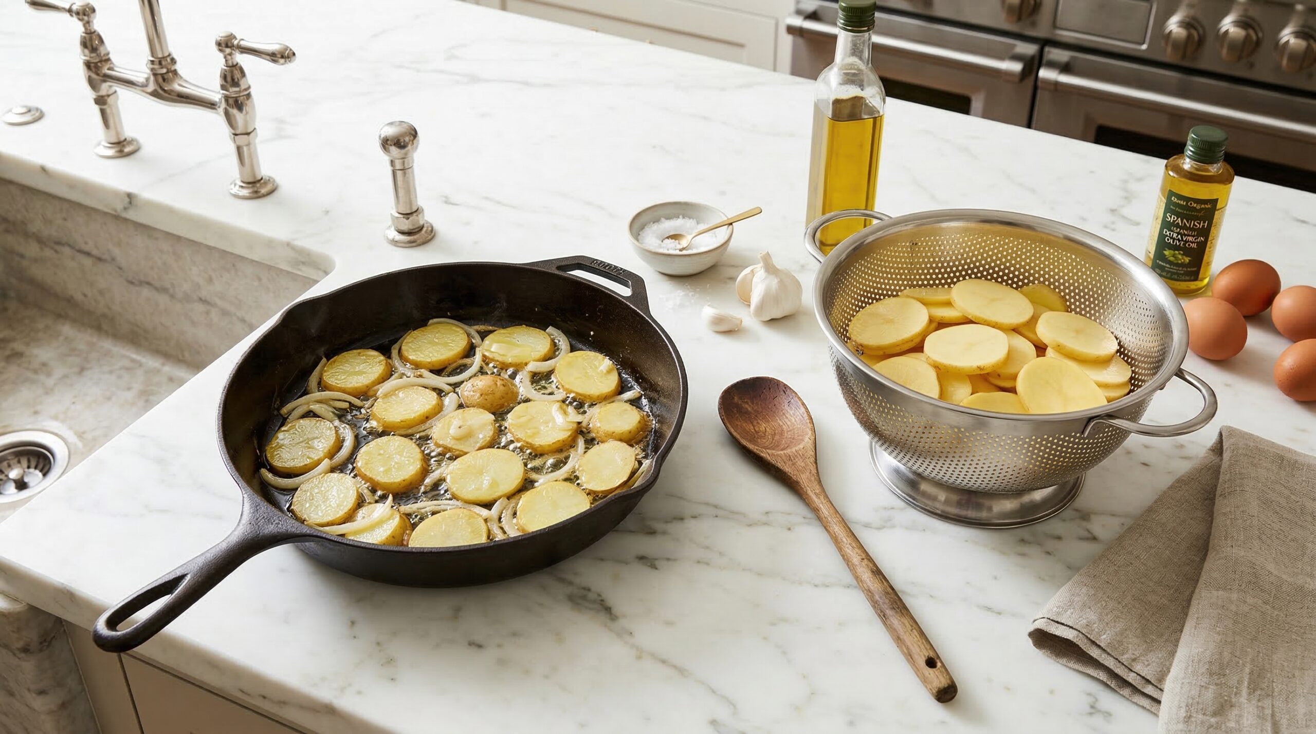 Preparation of Tortilla Española in a cast-iron skillet