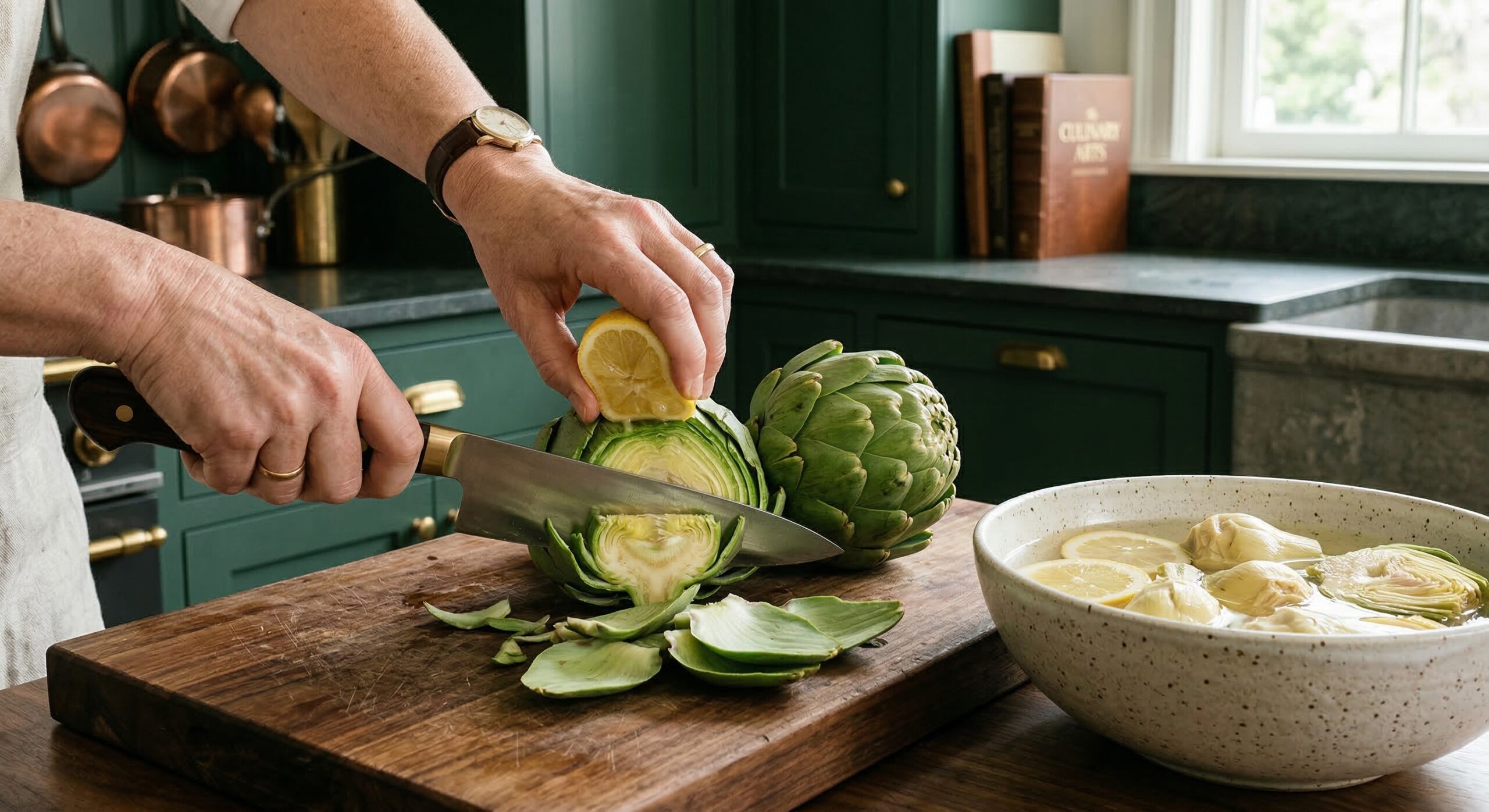 The architectural process of trimming a fresh artichoke and rubbing it with lemon