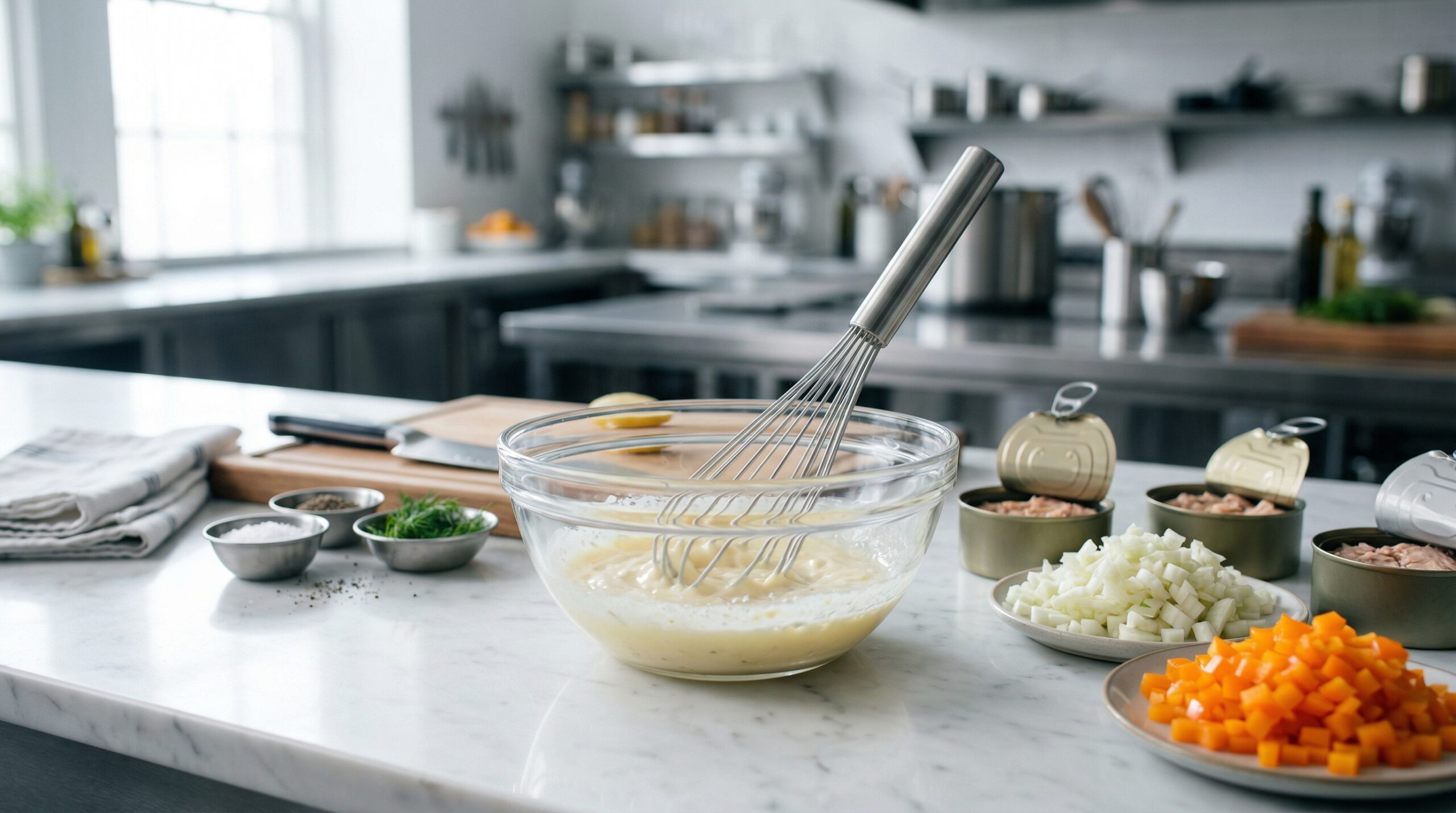 Technical preparation of a bright citrus and balsamic emulsion for Mediterranean tuna salad