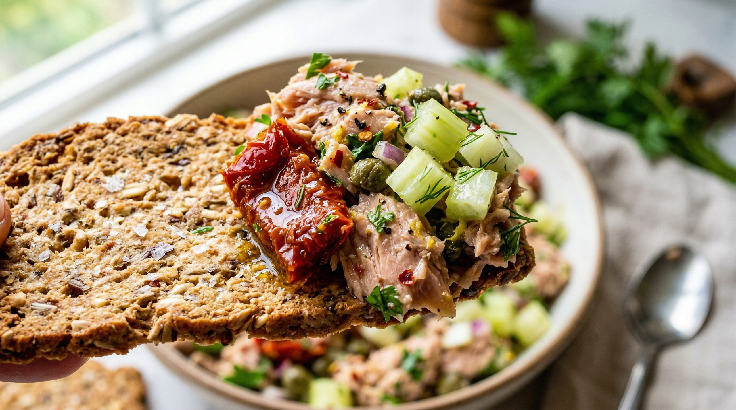 Macro detail of oil-packed tuna, julienned sun-dried tomatoes, and fresh dill