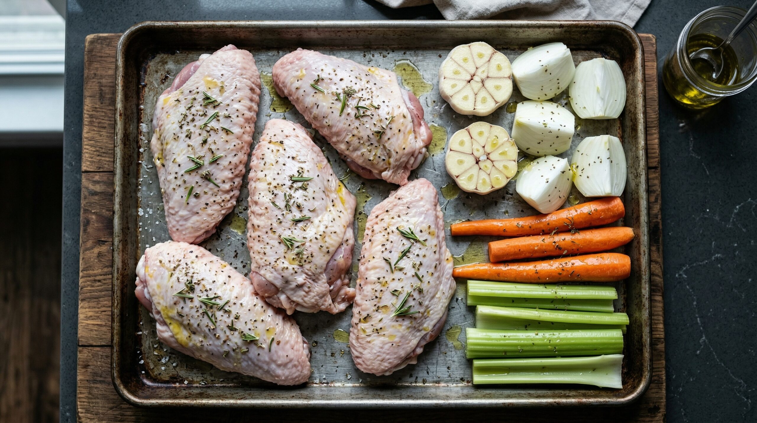 Thick, bone-in raw turkey wings resting next to halved garlic heads, white onions, carrots, and celery stalks on a heavy metal baking sheet