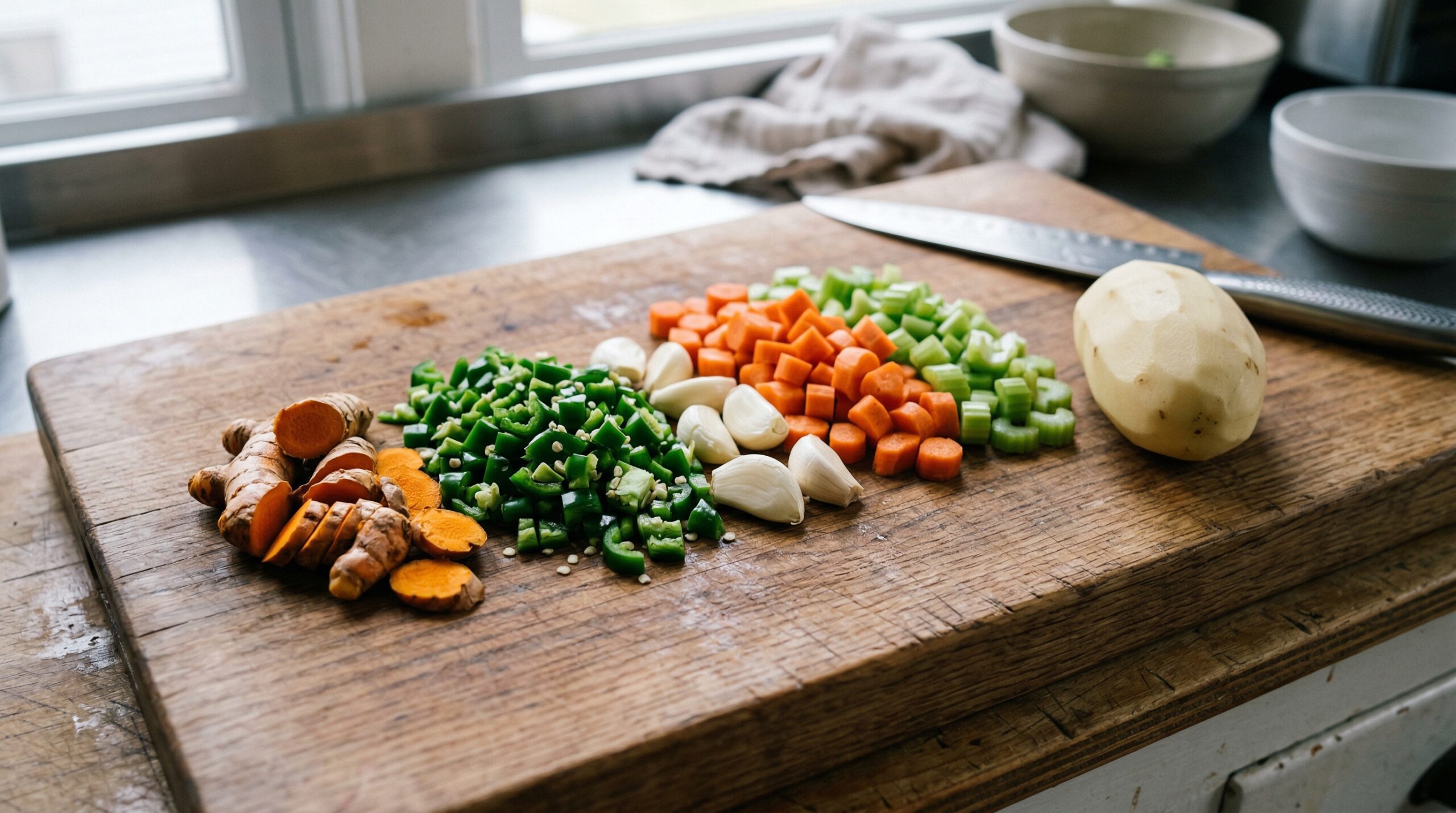 Bright orange slices of fresh raw turmeric root, diced jalapeño peppers, and peeled garlic resting next to diced carrots, celery, and a russet potato
