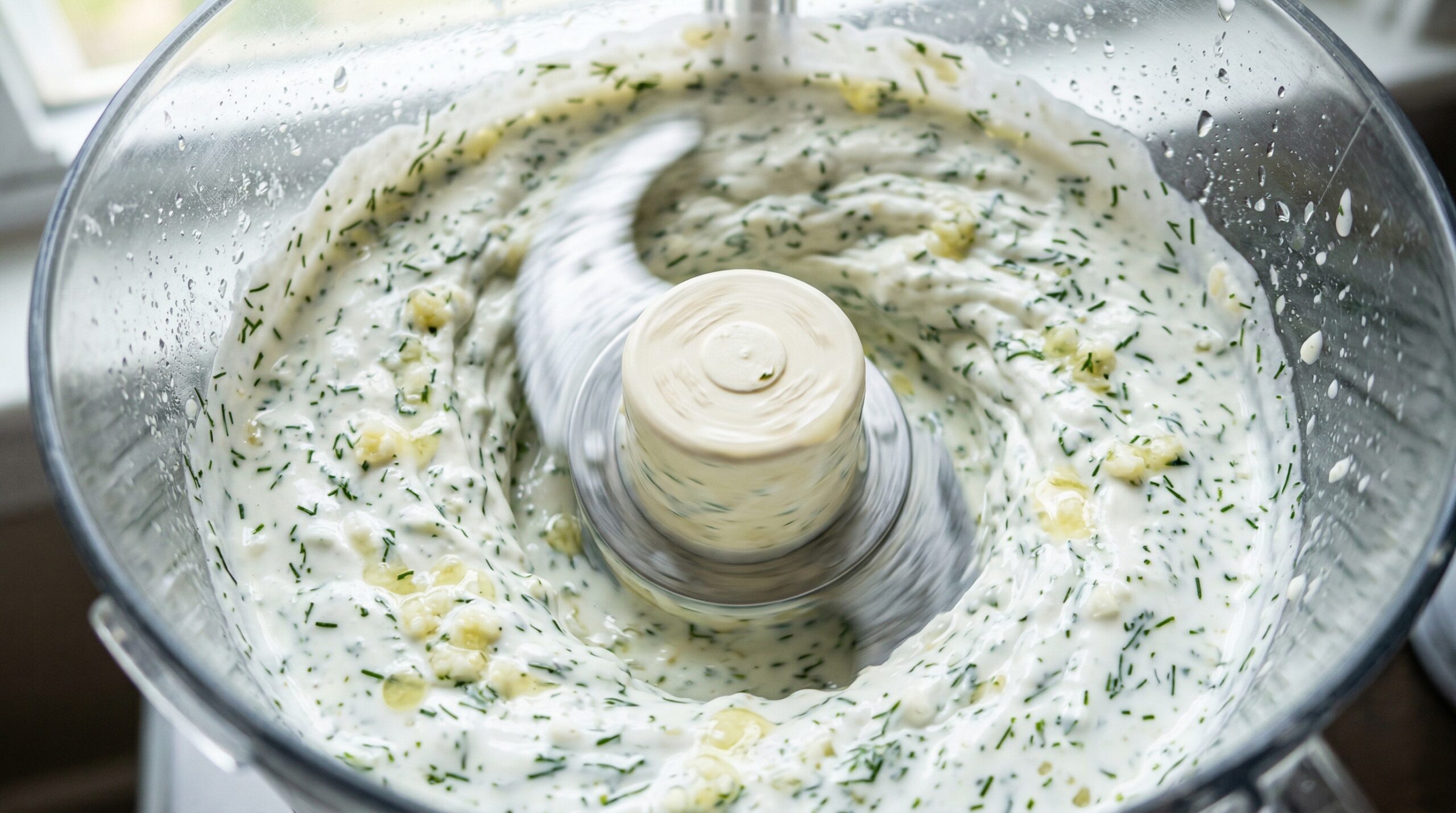 Macro detail of bright white Greek yogurt, fresh dill, and lemon juice whirling into a perfectly smooth tzatziki sauce inside a food processor