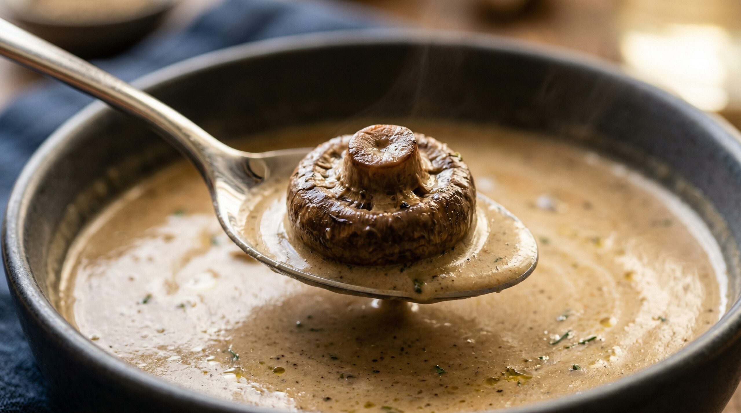 Macro detail of a silver soup spoon lifting whole Cremini mushrooms from a velvety cream broth