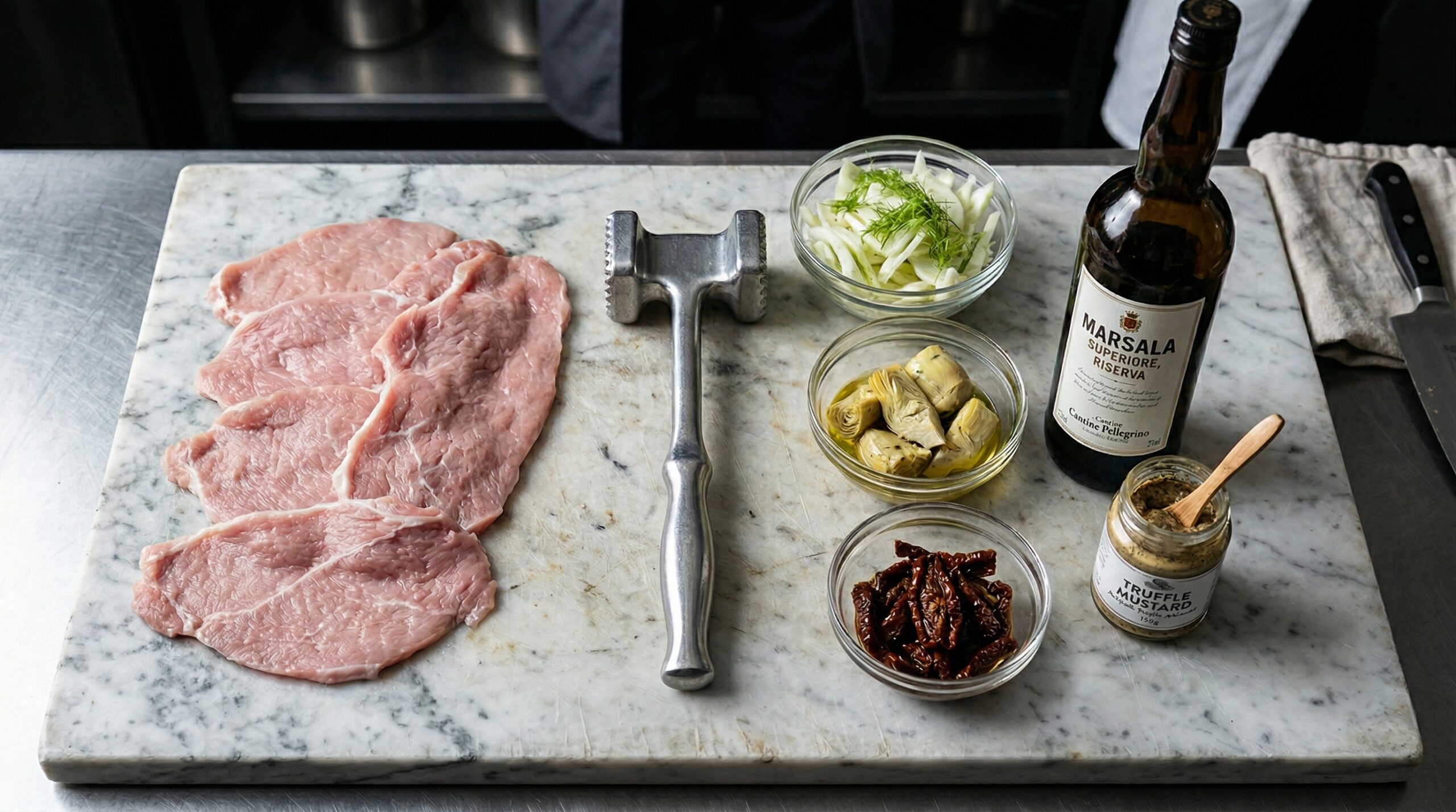 Thinly pounded, pale pink veal cutlets resting next to a heavy metal meat mallet beside sliced fennel, artichoke hearts, Marsala wine, and truffle mustard