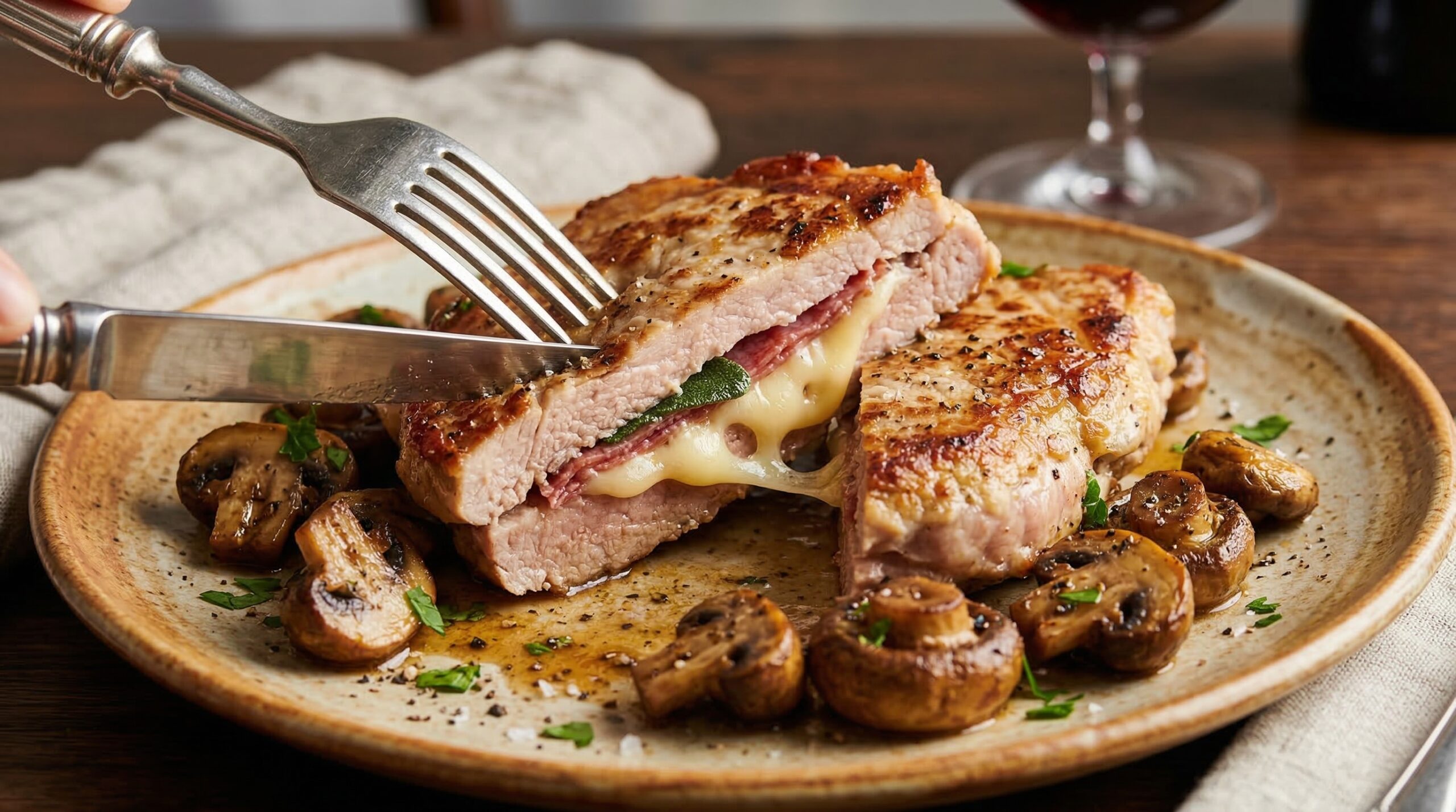 A macro shot of a knife cutting into golden pan-fried veal revealing hot melted Swiss cheese, salami, and sage surrounded by caramelized mushrooms