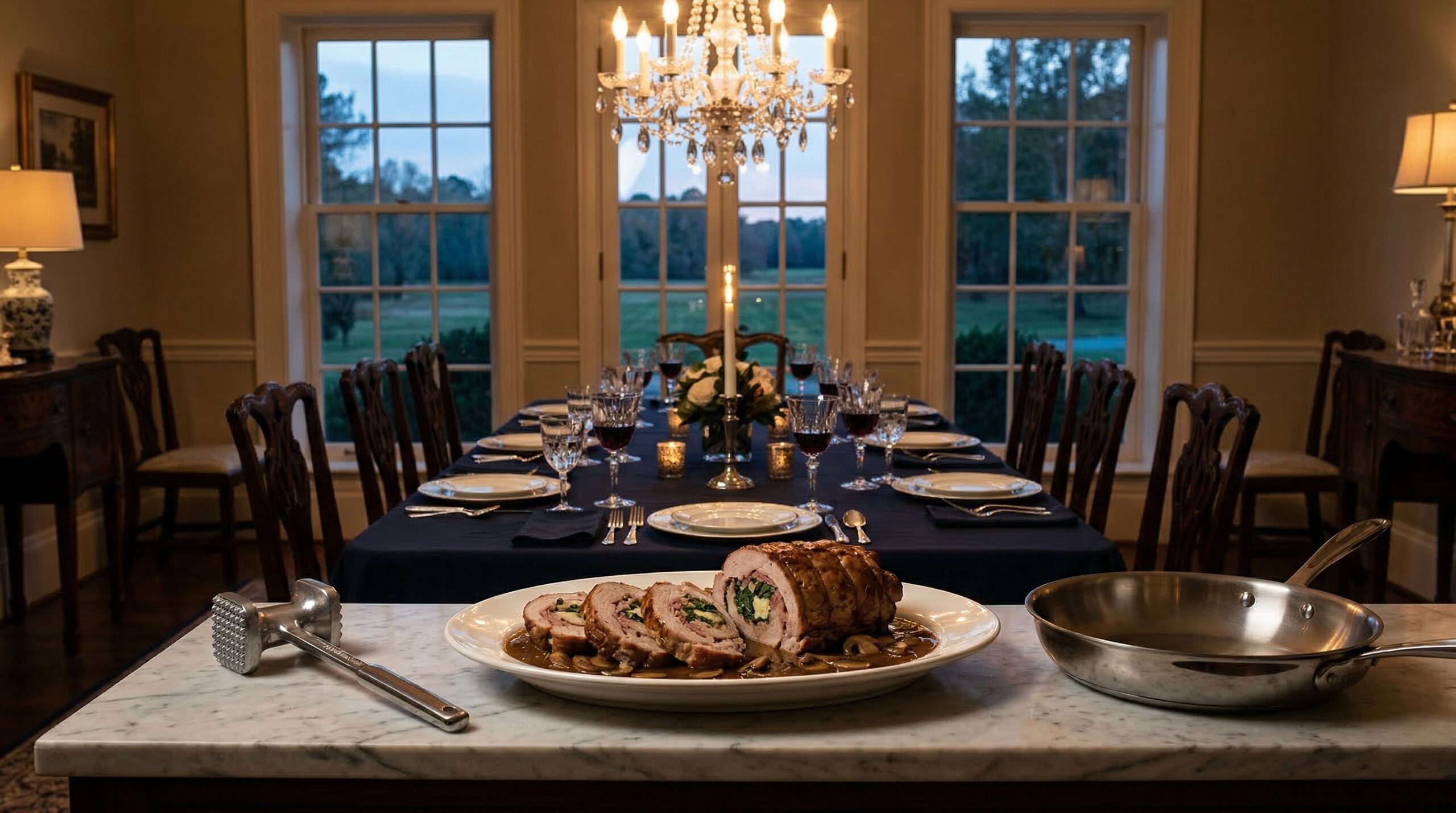 Intimate estate dinner for eight featuring a large platter of Veal Sinatra and crystal glasses of Chianti