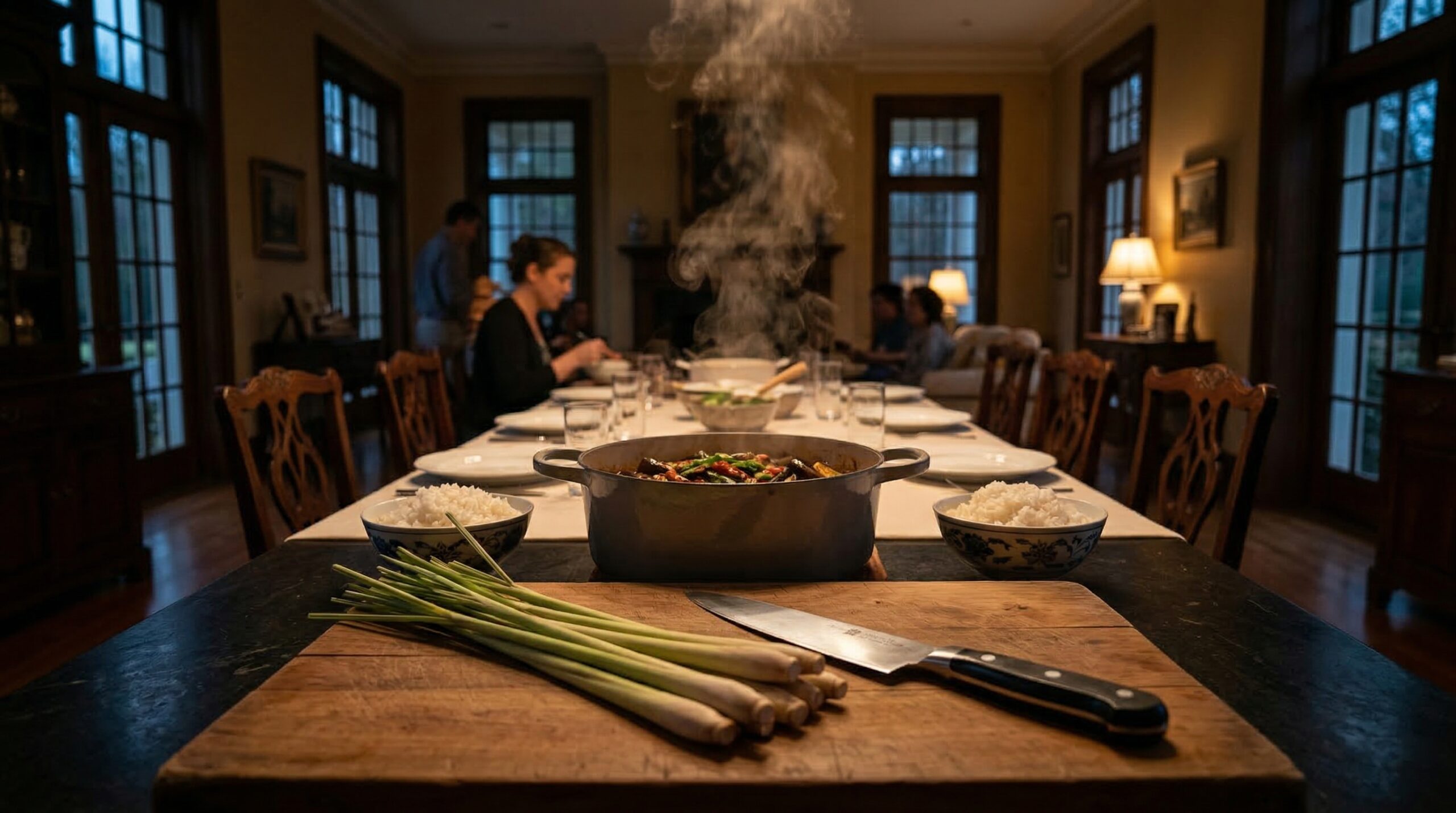 Atmospheric estate kitchen gathering for eight featuring steaming Vietnamese Eggplant Stew at dusk