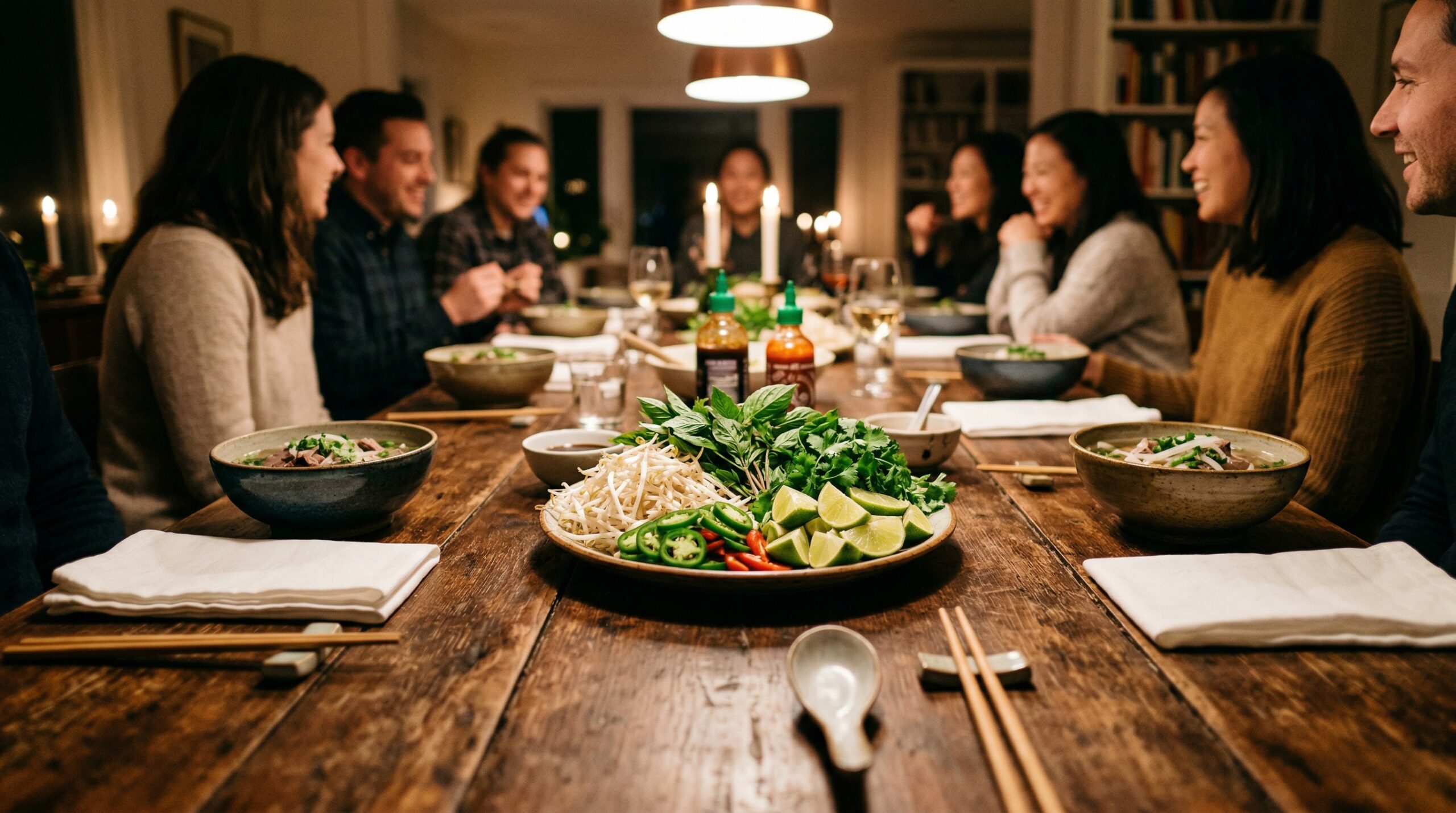 A rustic wooden table set for an intimate evening dinner featuring an abundance of fresh Pho garnishes and deep ceramic soup bowls