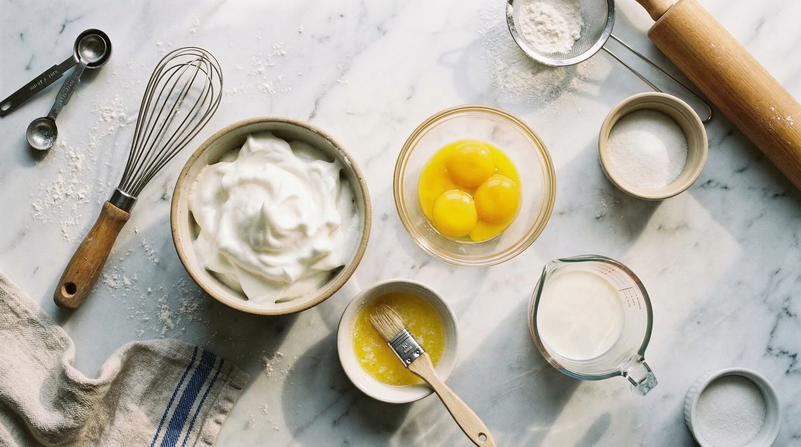 A top-down view of baking prep on a flour-dusted white marble surface including separated egg whites whipped to stiff peaks