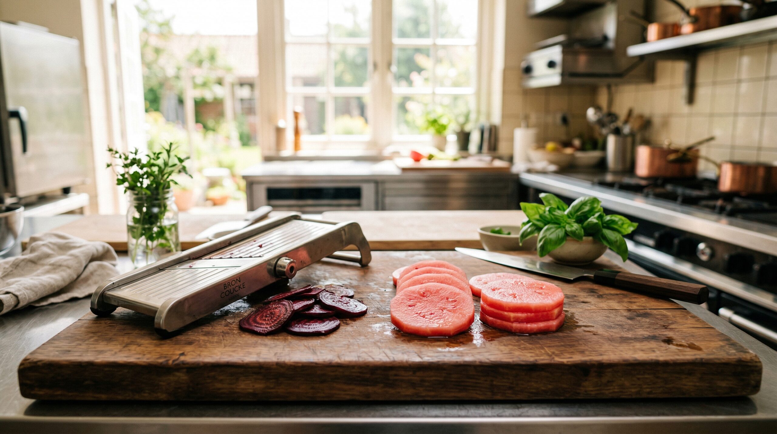 Professional stainless steel mandoline slicer resting next to roasted beets and round watermelon cutouts