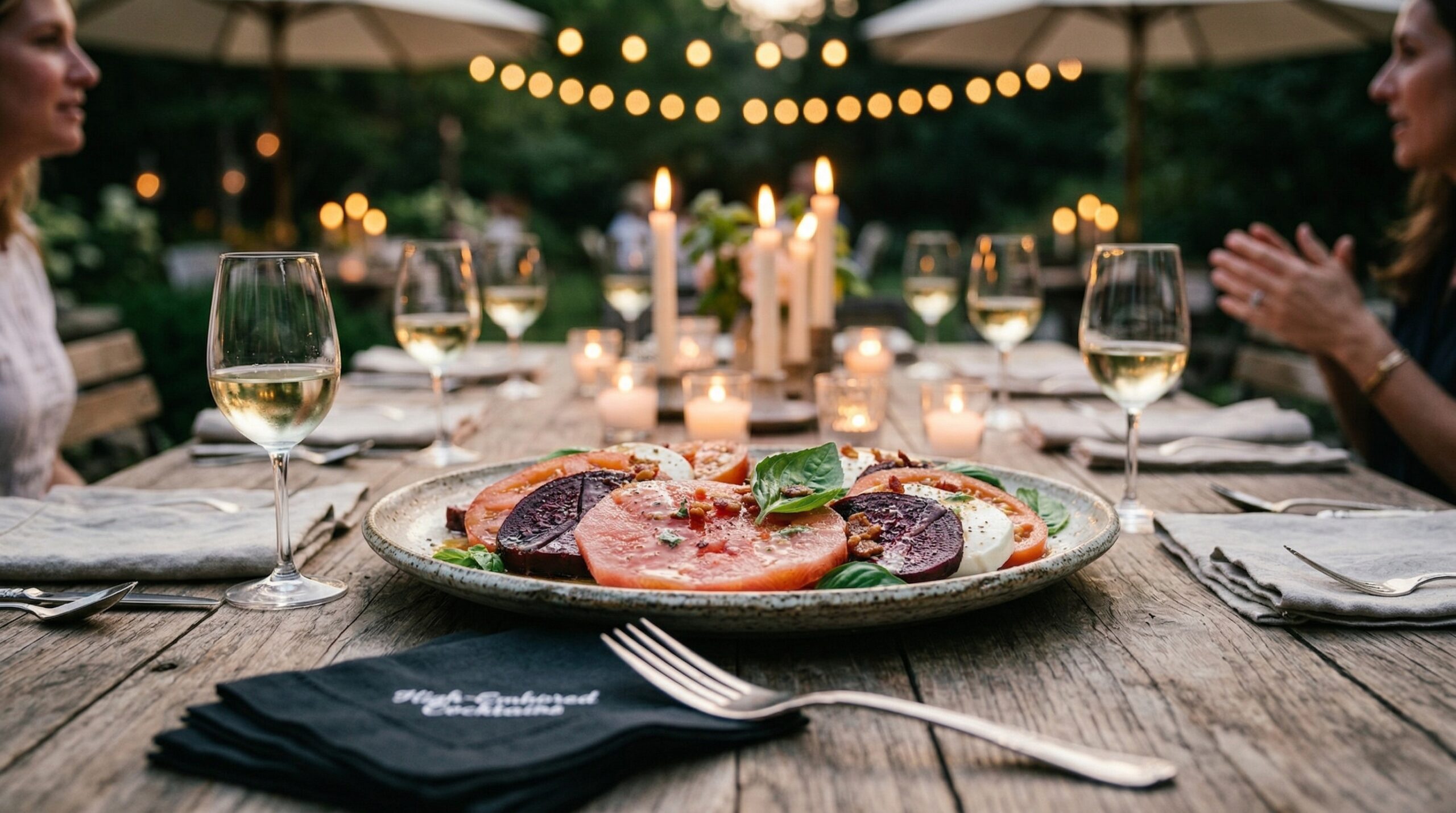 Elegant outdoor summer evening setup for a party of eight featuring a large watermelon and beet caprese platter