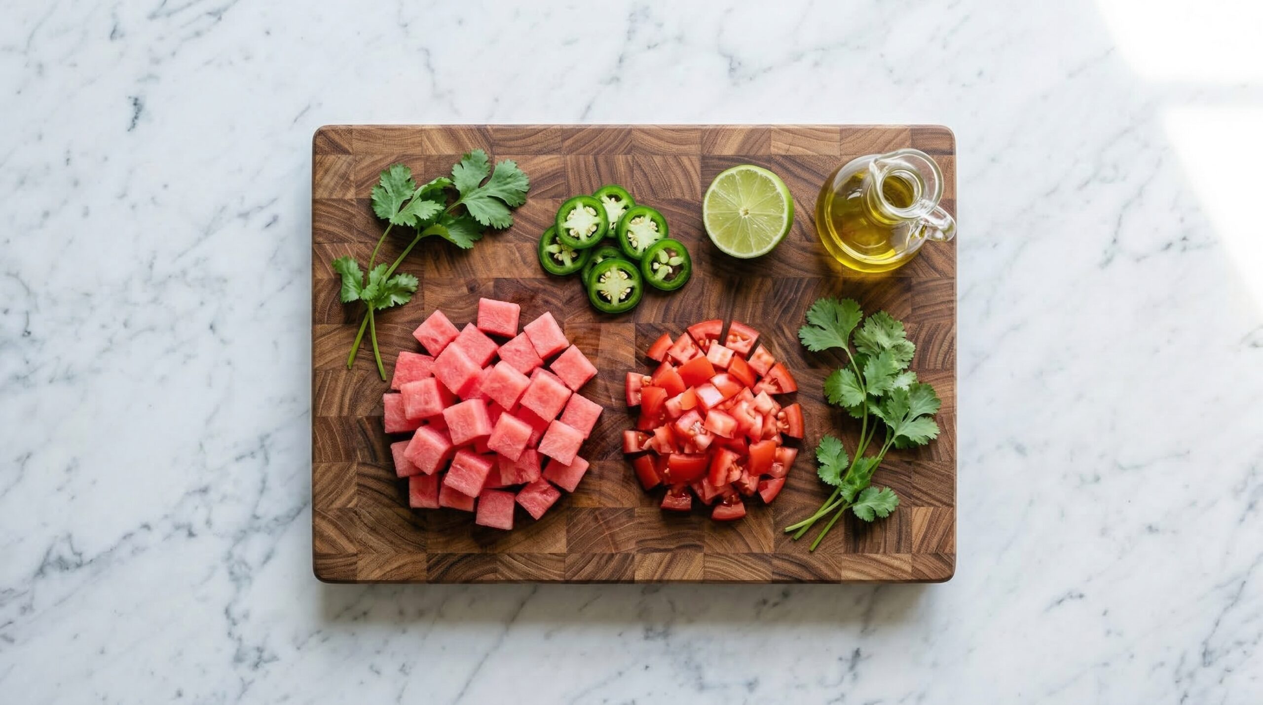 Diced bright pink watermelon, vibrant red tomatoes, sliced green jalapeños, and fresh cilantro on a pristine marble prep station.