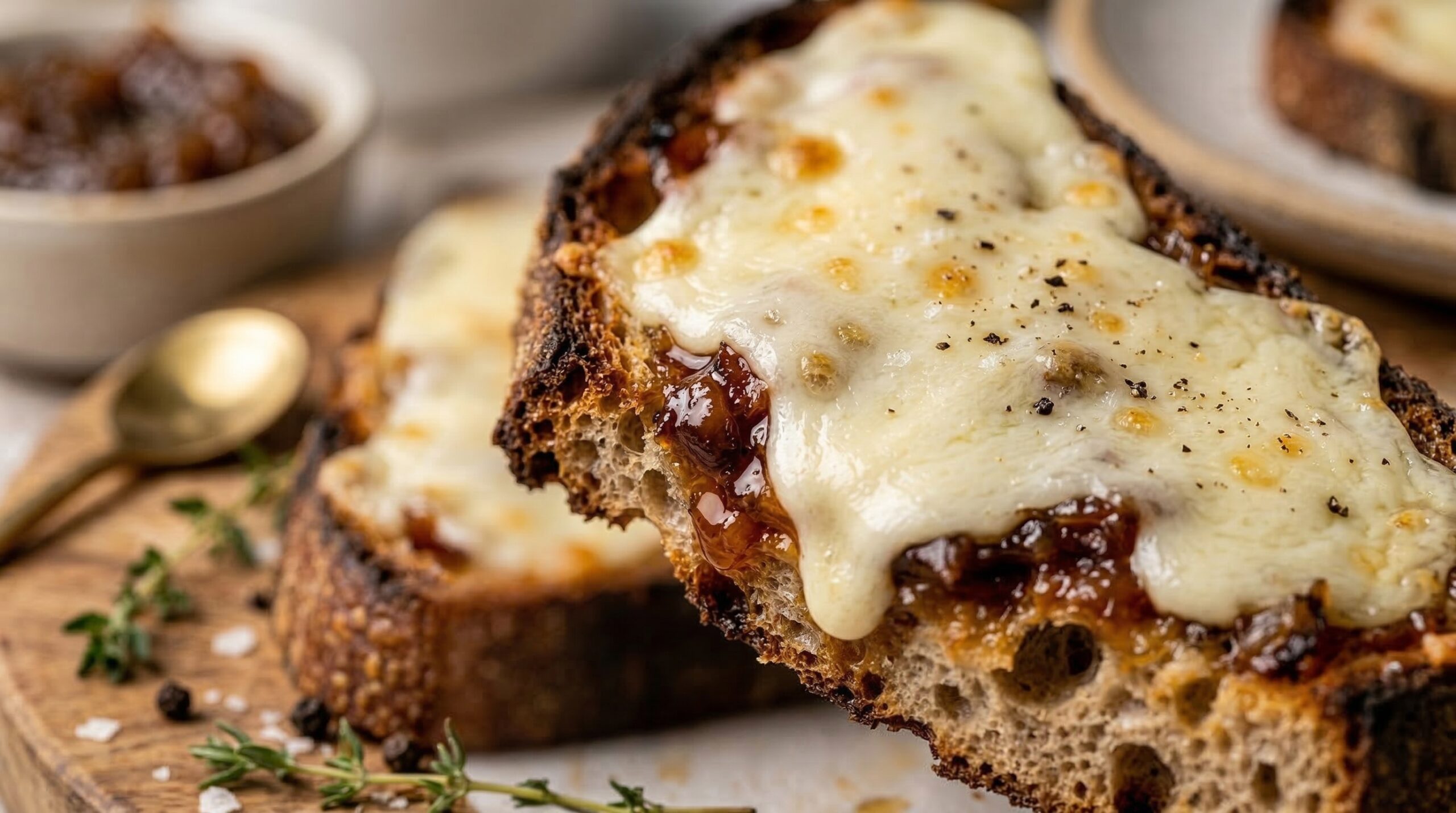 Macro detail of bubbling sharp white cheddar over dark amber roasted pepper chutney