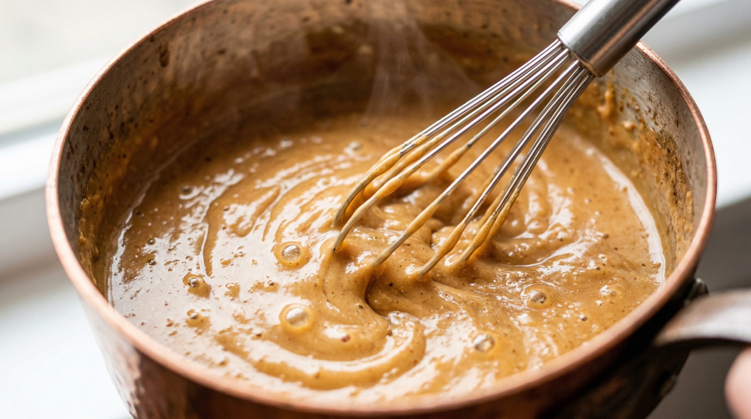 Macro detail of thick coconut milk, rich peanut butter, and fresh lime juice actively being whisked together in a small copper saucepan