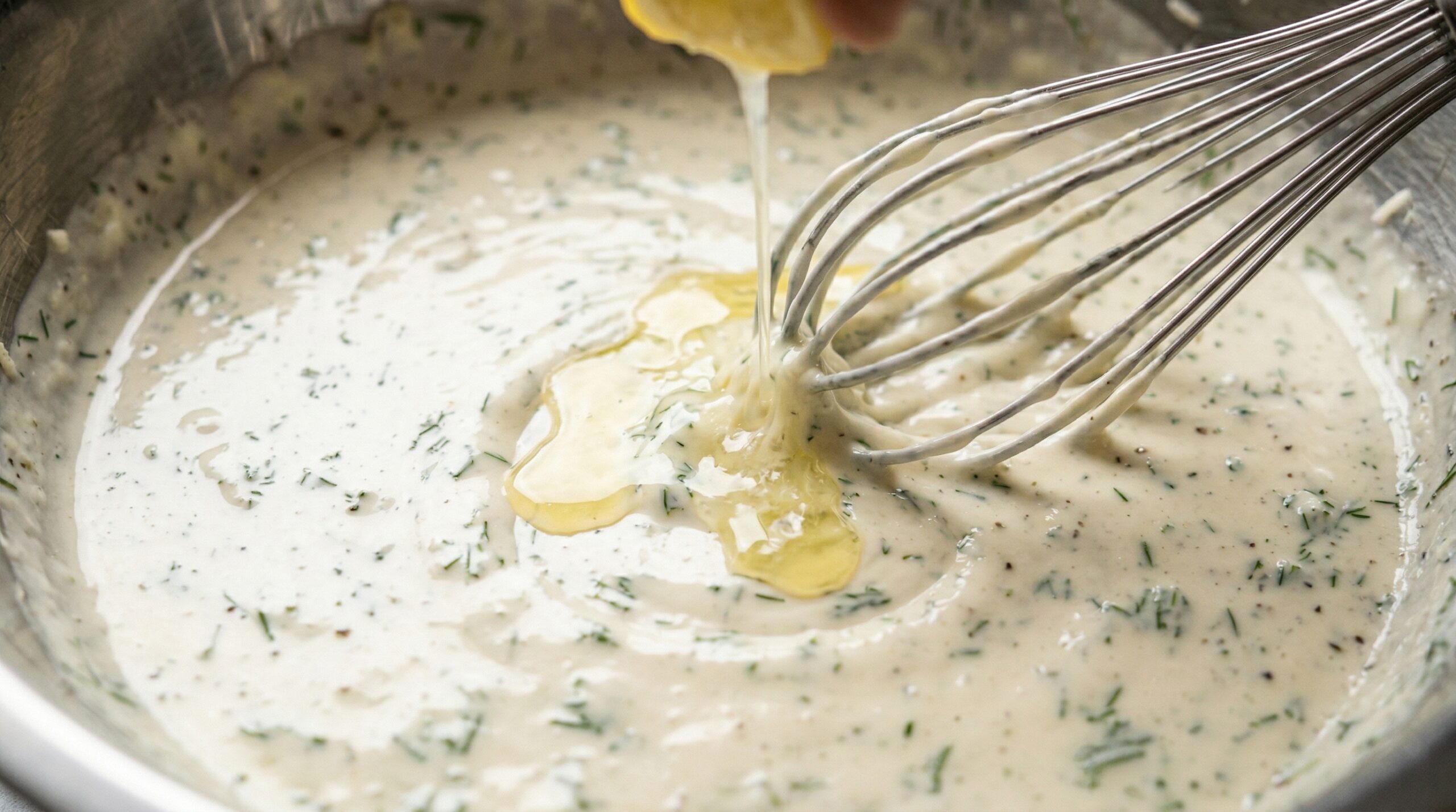 Macro detail of a silver whisk blending thick mayonnaise, sour cream, grated Parmesan, and fresh dill in a stainless steel mixing bowl
