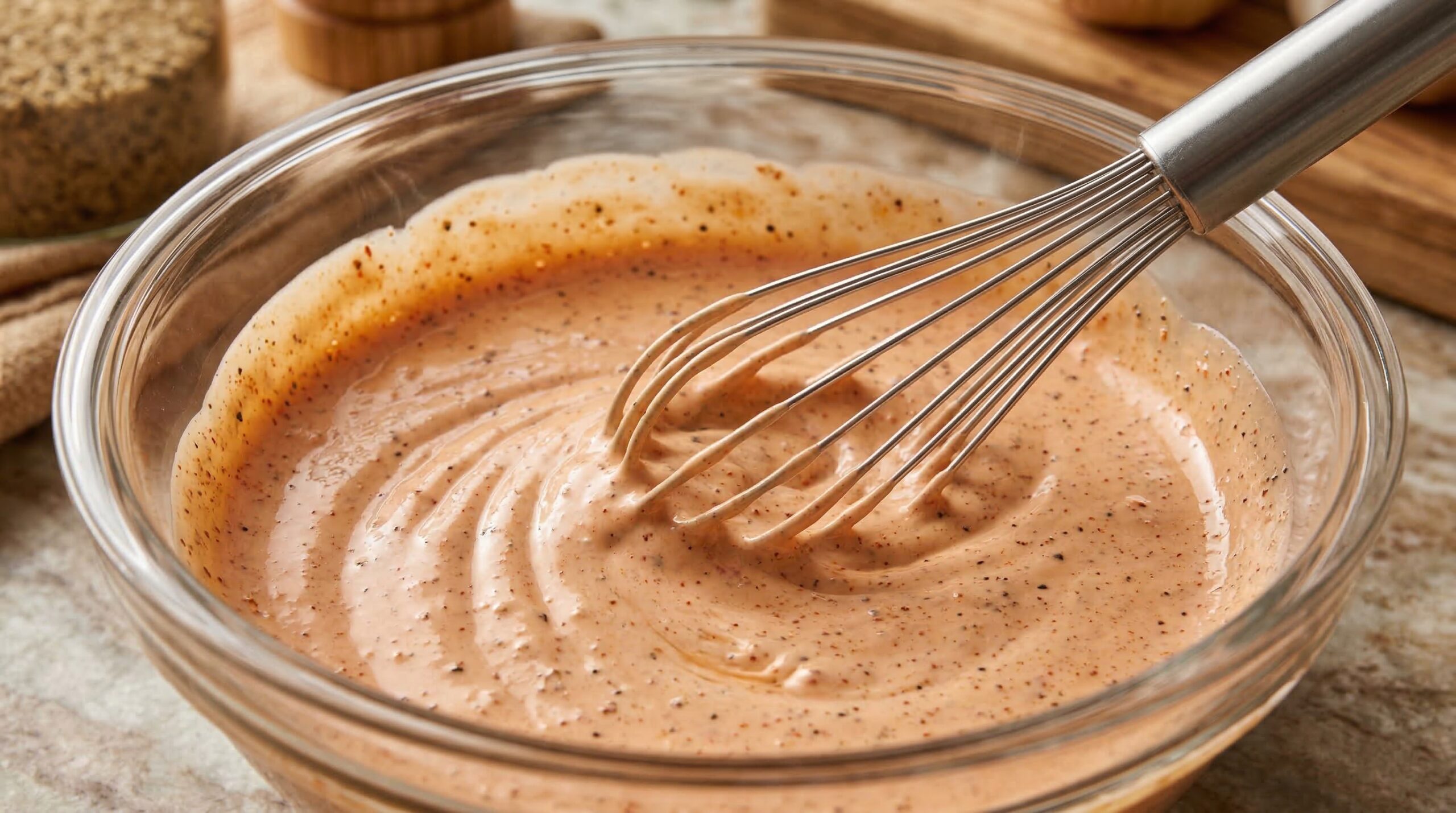 Professional stainless whisk swirling creamy Comeback Sauce