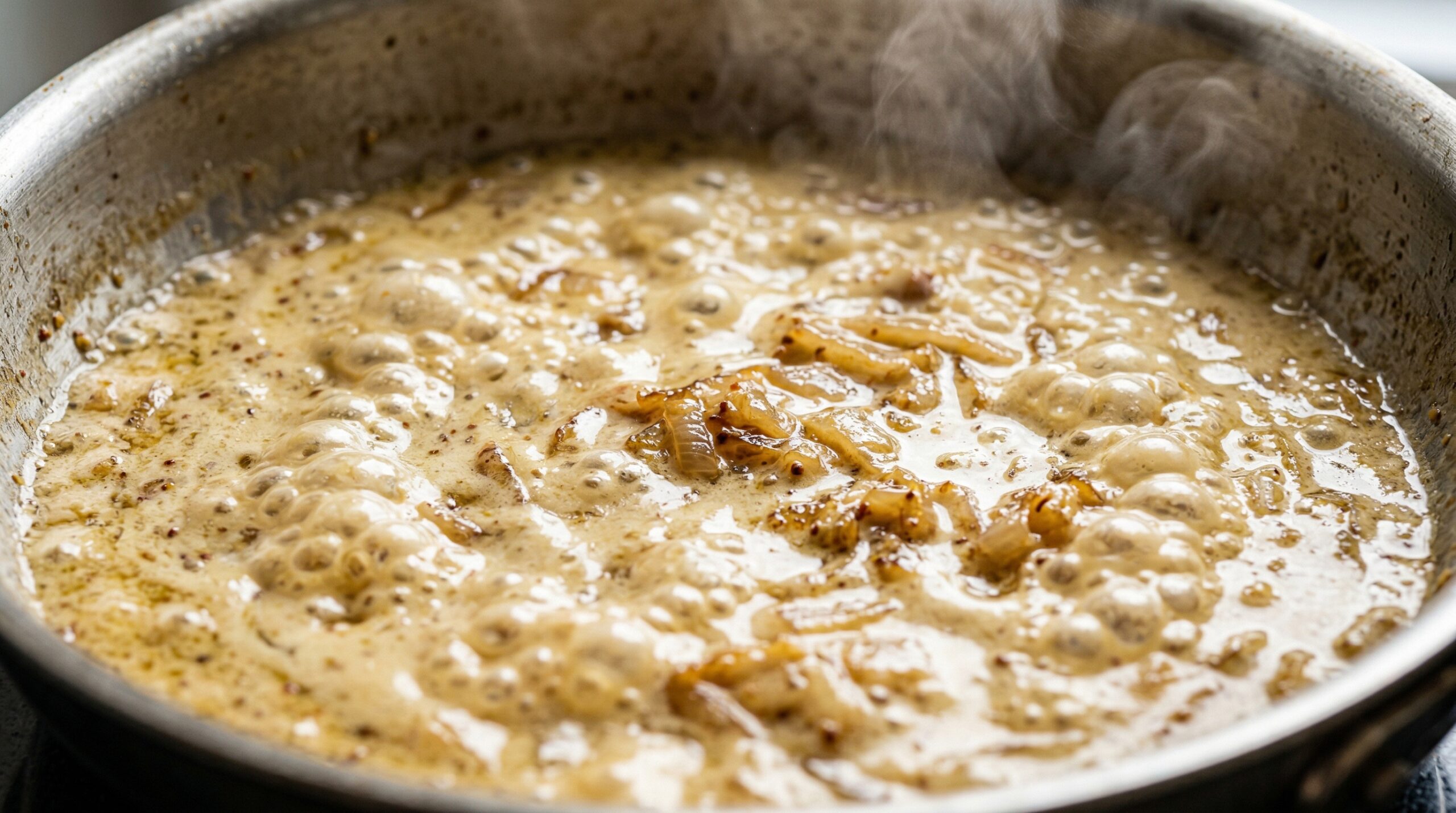 Macro detail of a pale golden cream sauce bubbling and thickening around caramelized diced onions in a heavy skillet