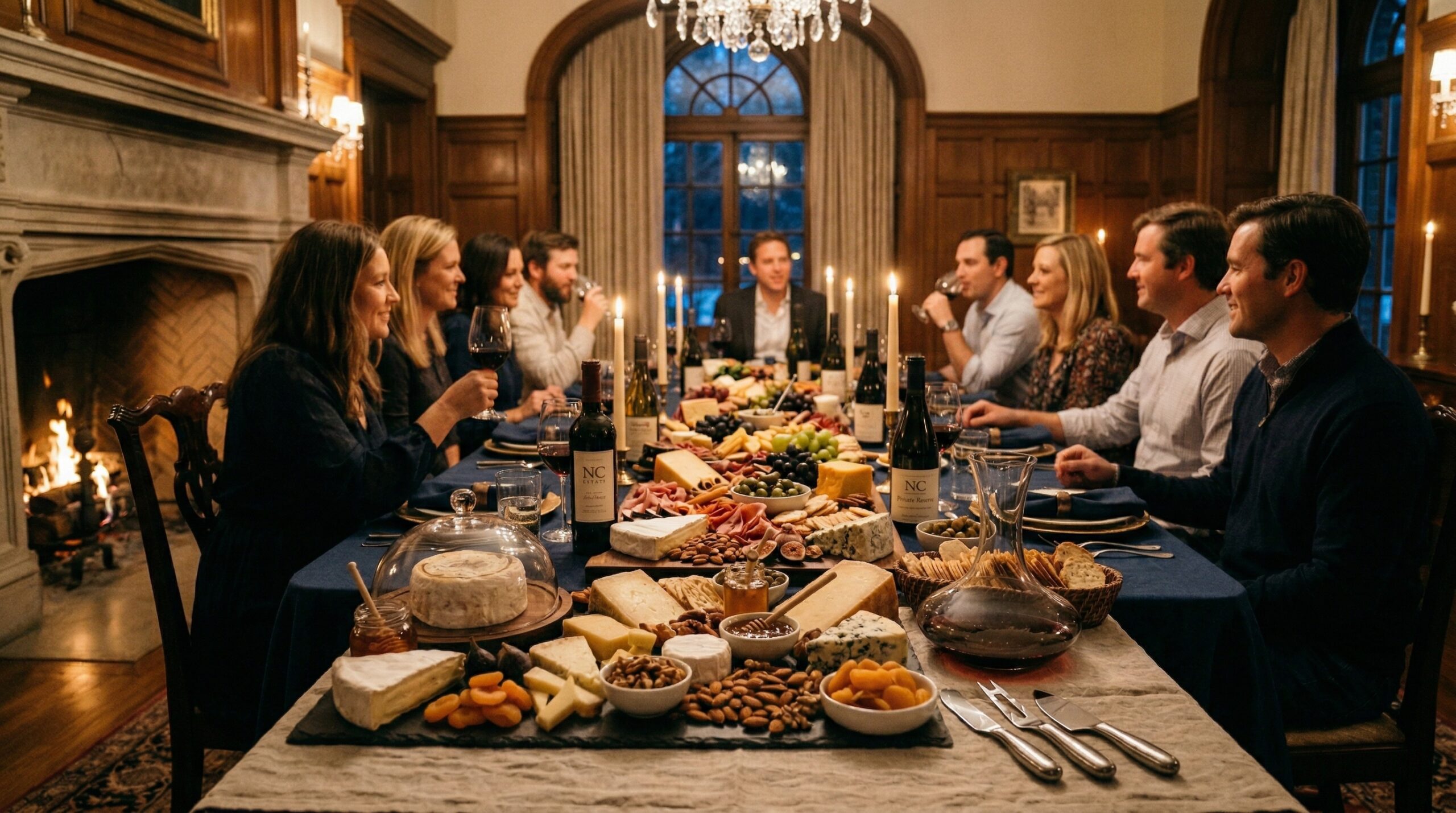 Intimate winter evening estate gathering for eight featuring a massive wine and cheese board centerpiece