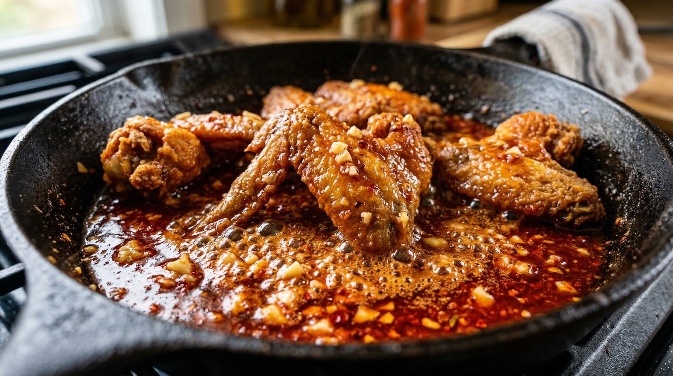 Golden fried chicken wings simmering in a garlic butter and hot pepper sauce emulsion