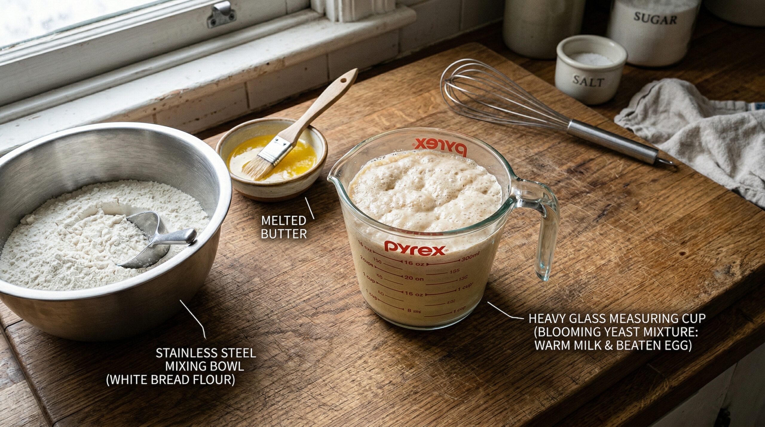A heavy glass measuring cup filled with warm milk, a beaten egg, and actively blooming, frothy yeast resting on a wooden prep board