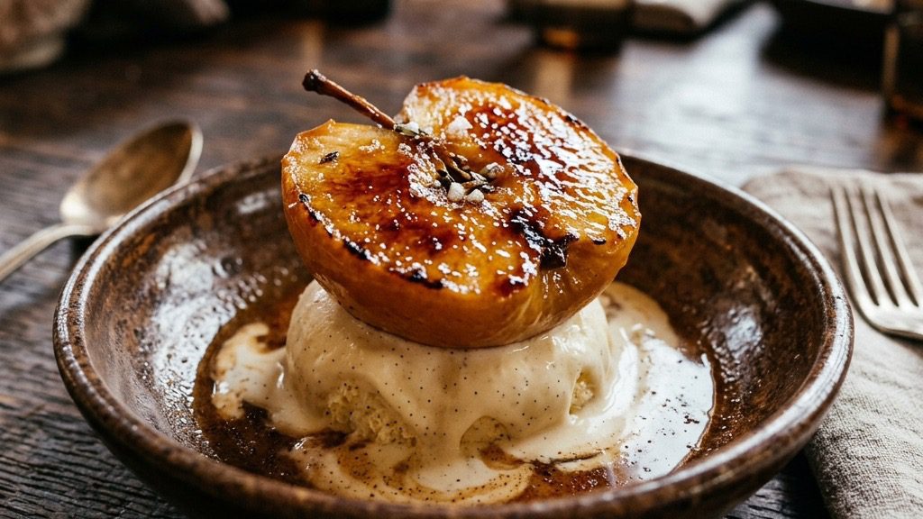 A cinematic photograph of a beautiful, warm braised and bruleed apple half resting on top of a scoop of melting vanilla bean ice cream.