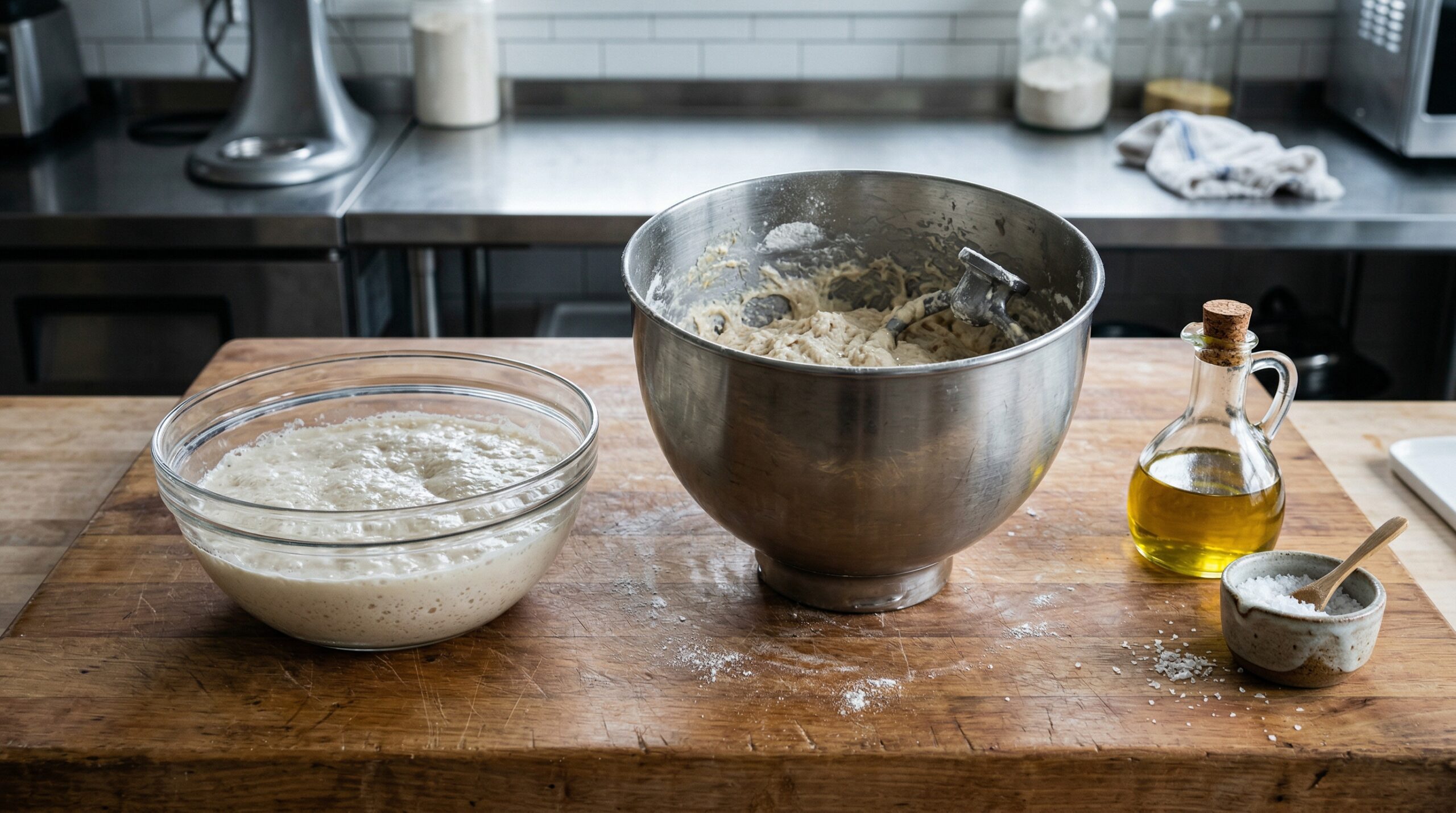 A glass bowl of actively blooming, frothy yeast water resting next to a heavy stainless steel stand mixer bowl filled with a sticky, highly hydrated dough on a wooden prep board