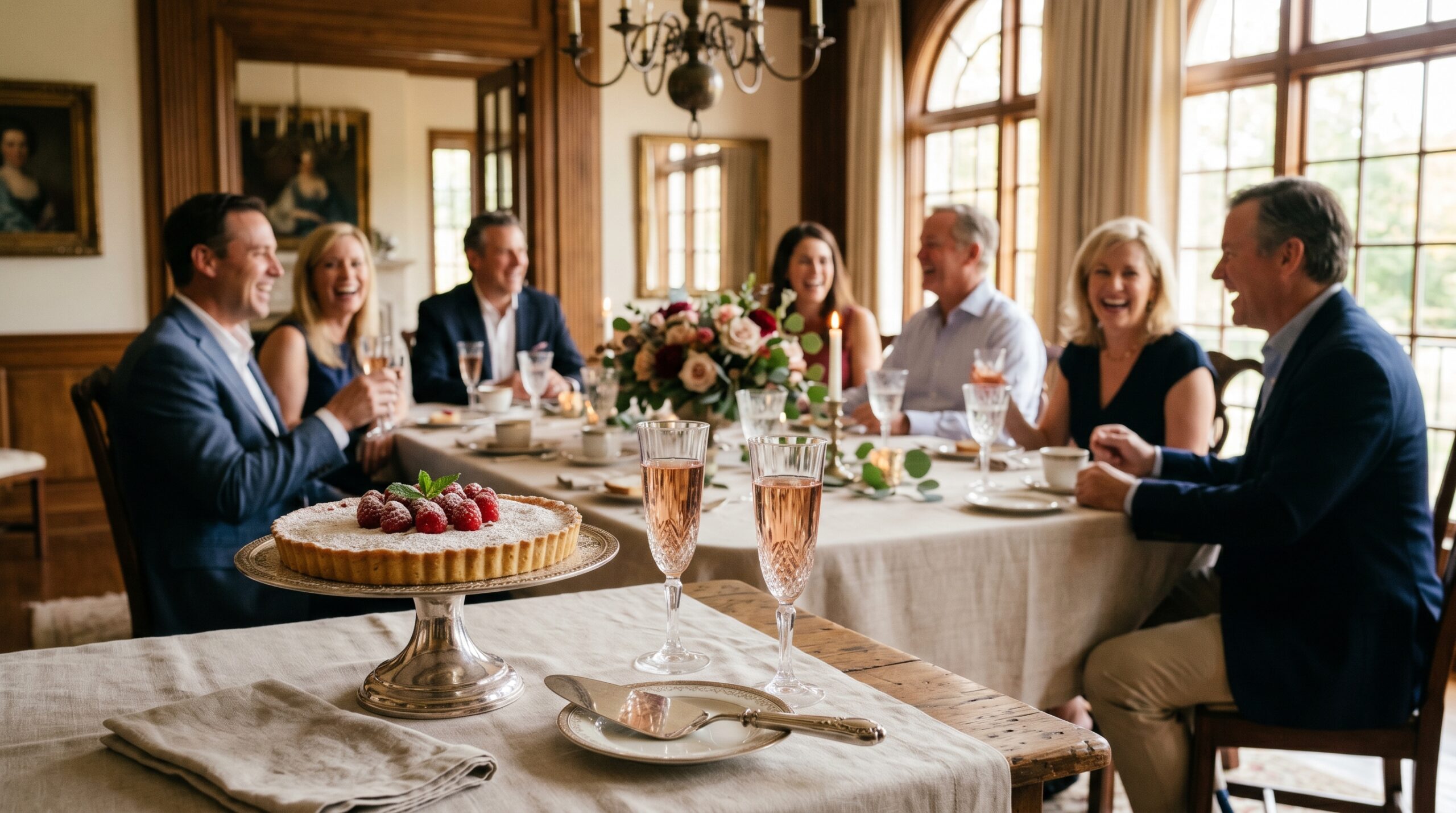 Elegant indoor estate dining room during a late-afternoon gathering with couples laughing in the background, a powdered raspberry shortbread tart on a silver pedestal in the foreground