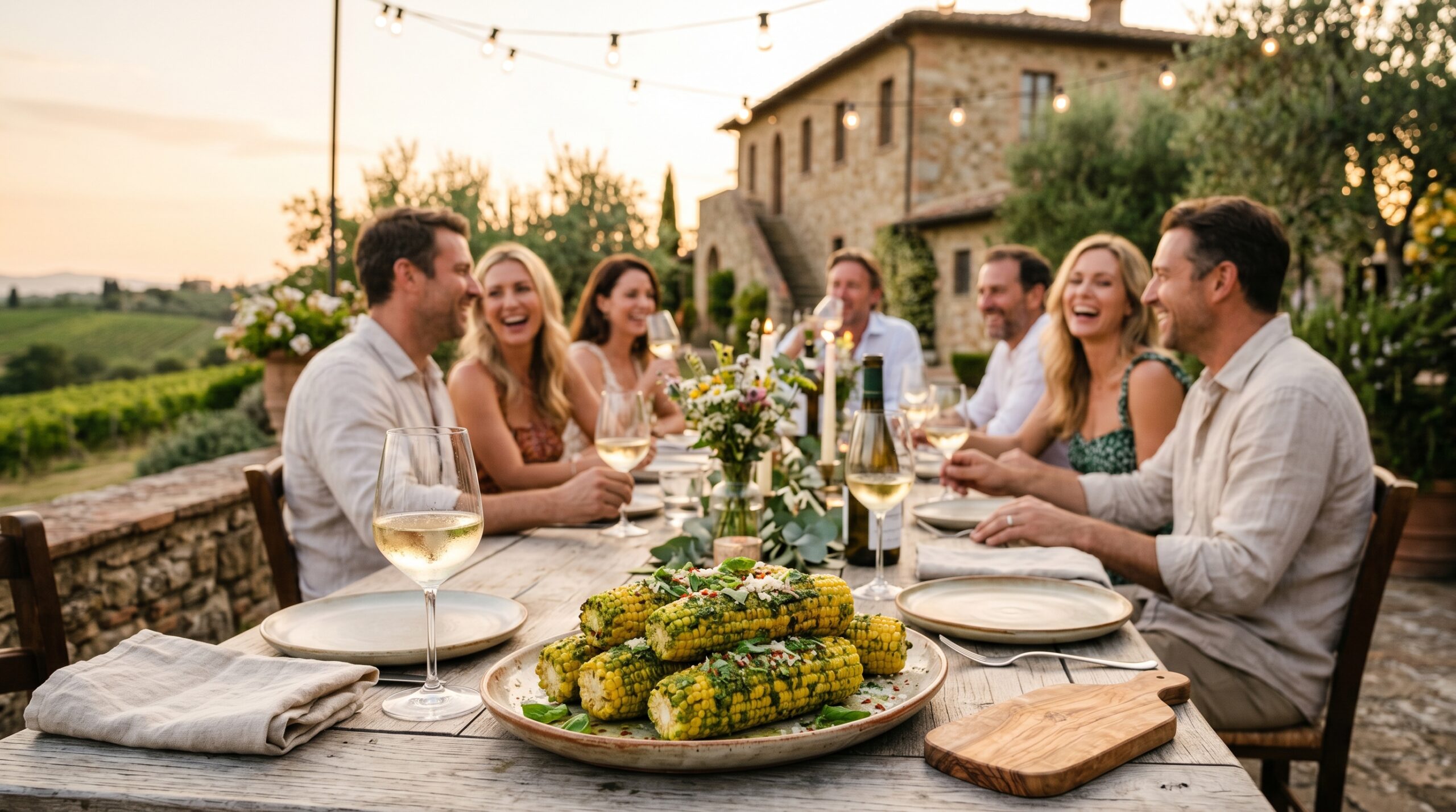 Elegant outdoor estate dining table during a warm alfresco summer dinner gathering with couples laughing, the rustic platter of pesto corn in the foreground
