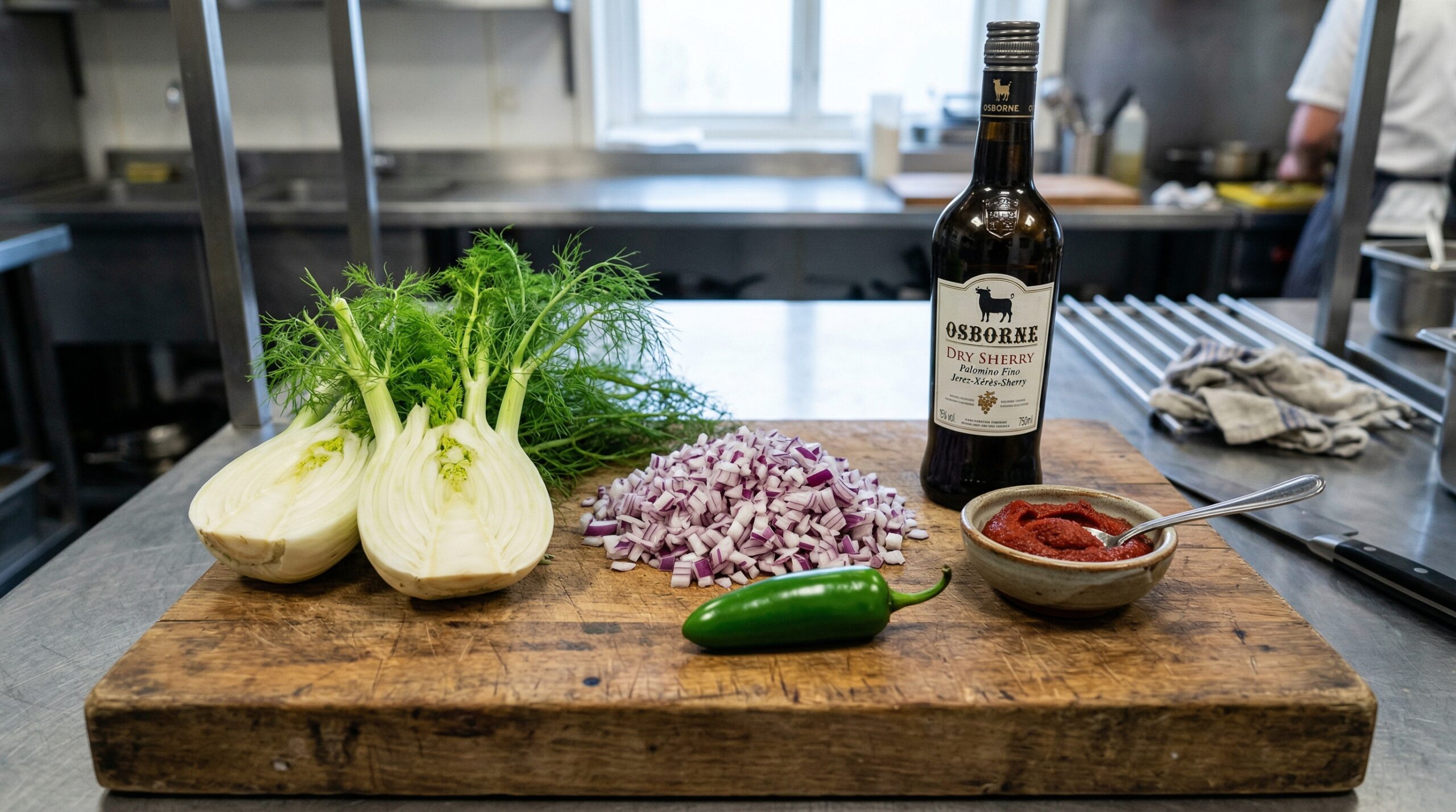 Halved fennel bulb, red onions, and dry sherry on a wooden prep board