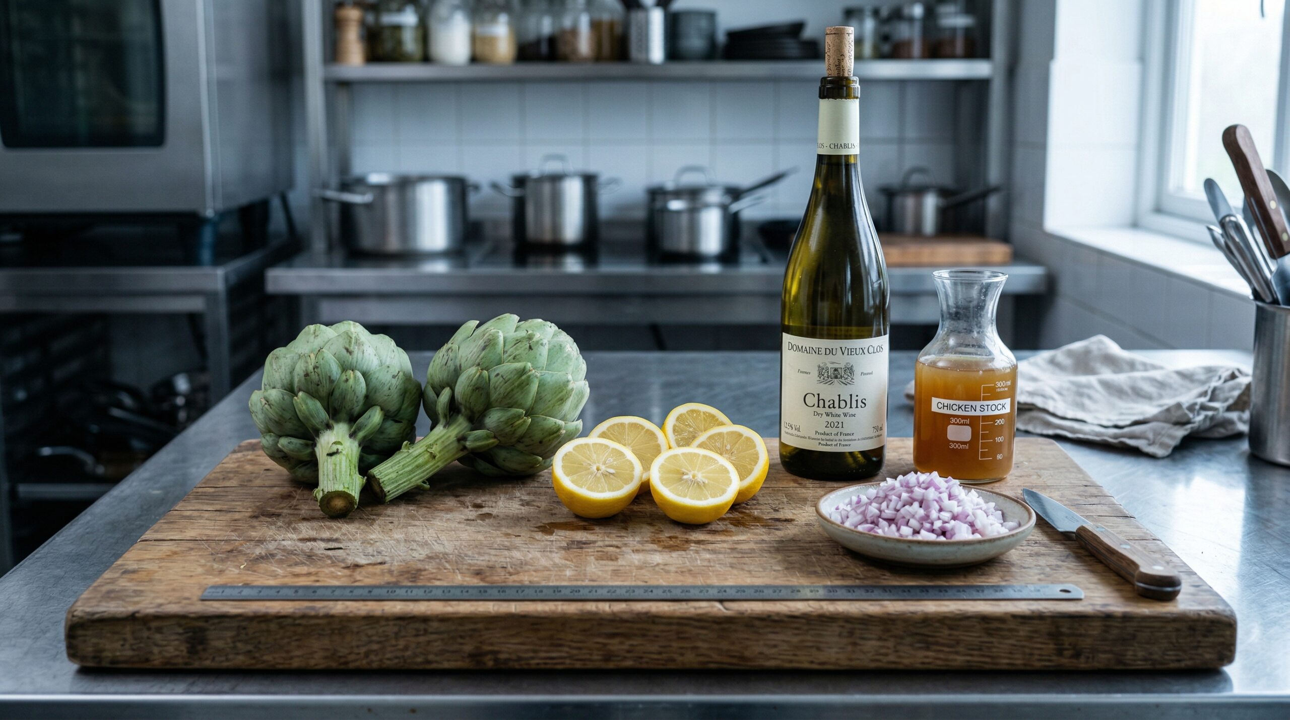 Whole globe artichokes, lemons, shallots, and white wine on a wooden prep board