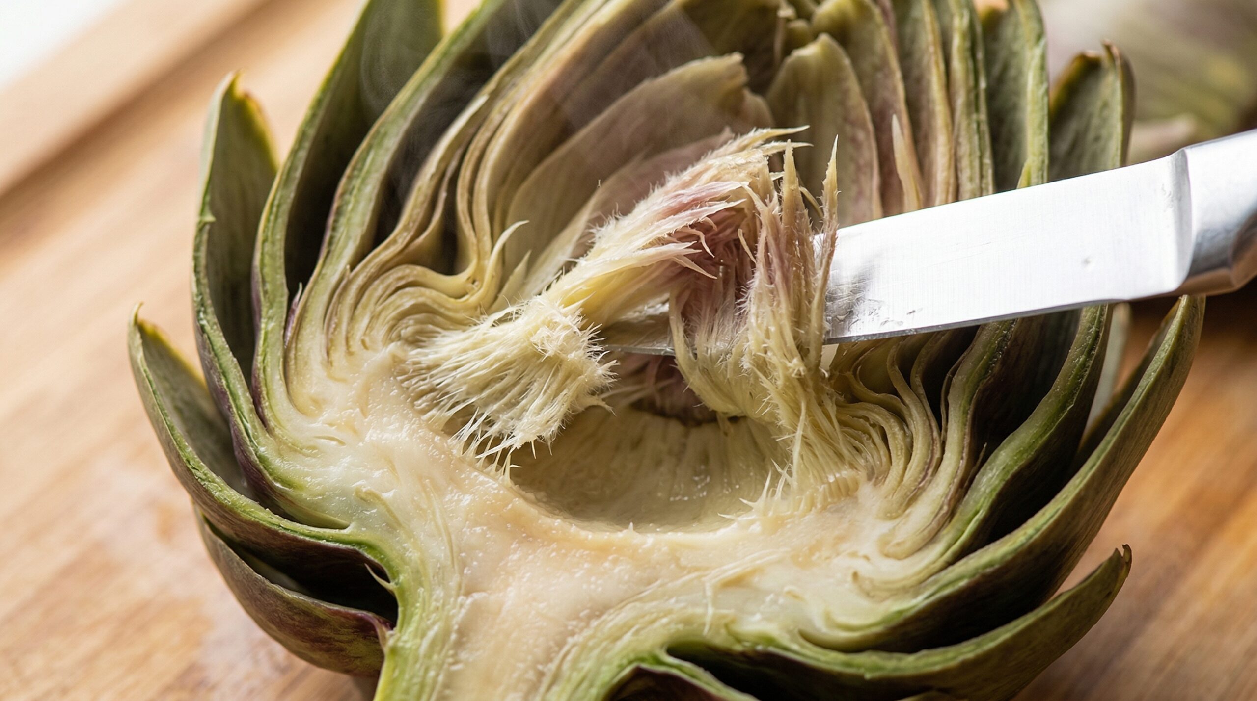Paring knife removing the thorny choke from a steamed artichoke heart