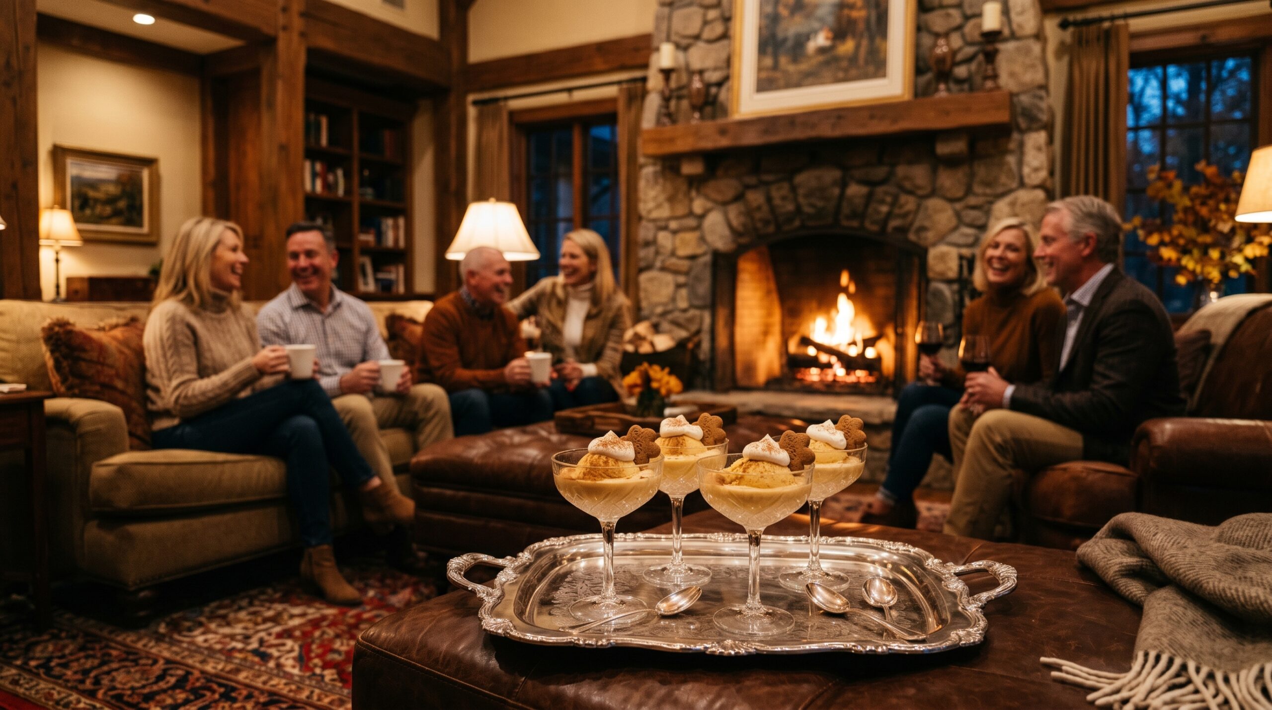Elegant indoor estate living room during a cozy late-autumn evening with couples laughing by a stone fireplace, crystal coupes of pumpkin ice cream on a silver tray in the foreground