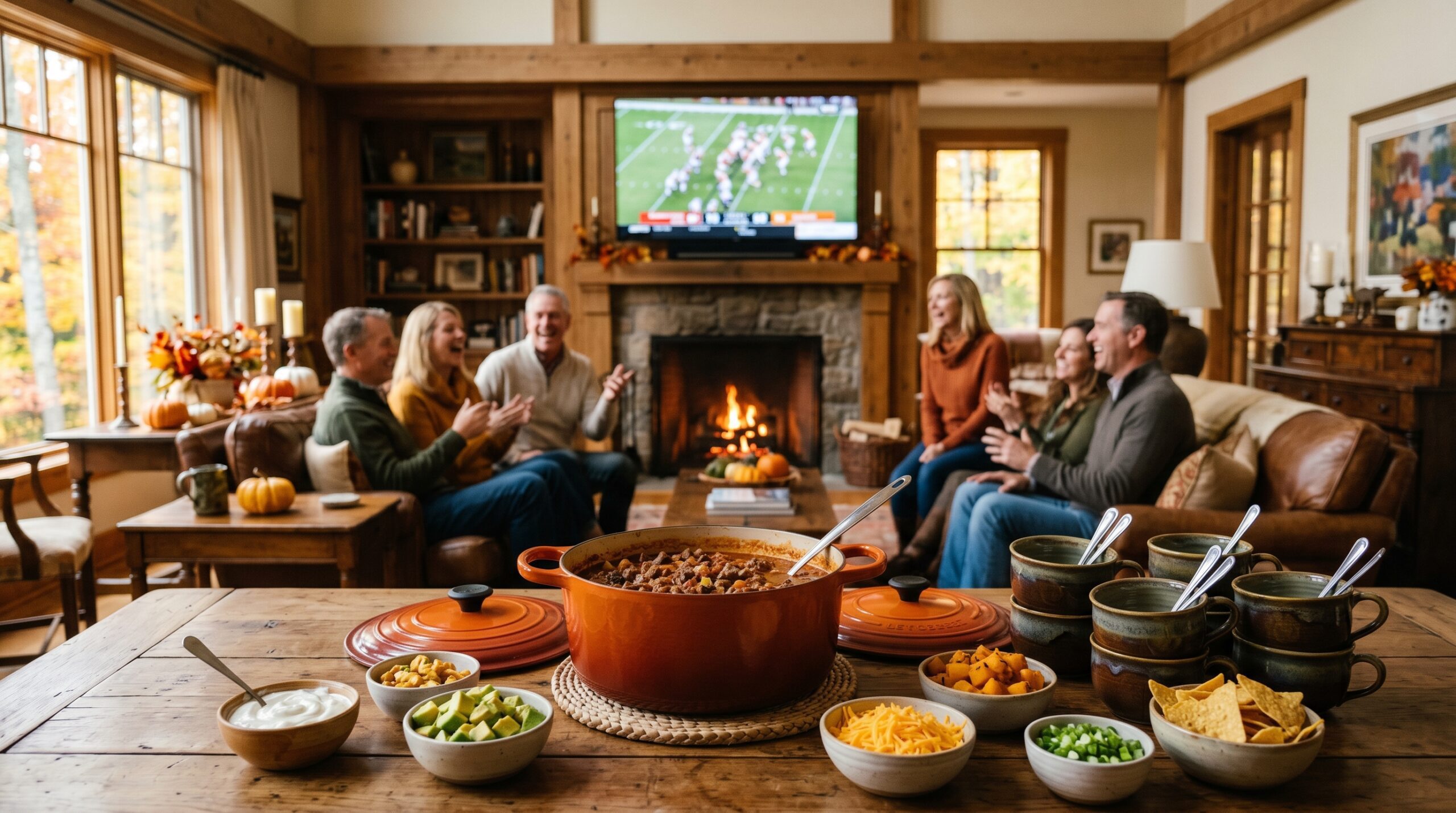 Elegant indoor estate living room during a crisp autumn gathering with couples laughing in the background, a heavy Dutch oven of chili and toppings spread in the foreground