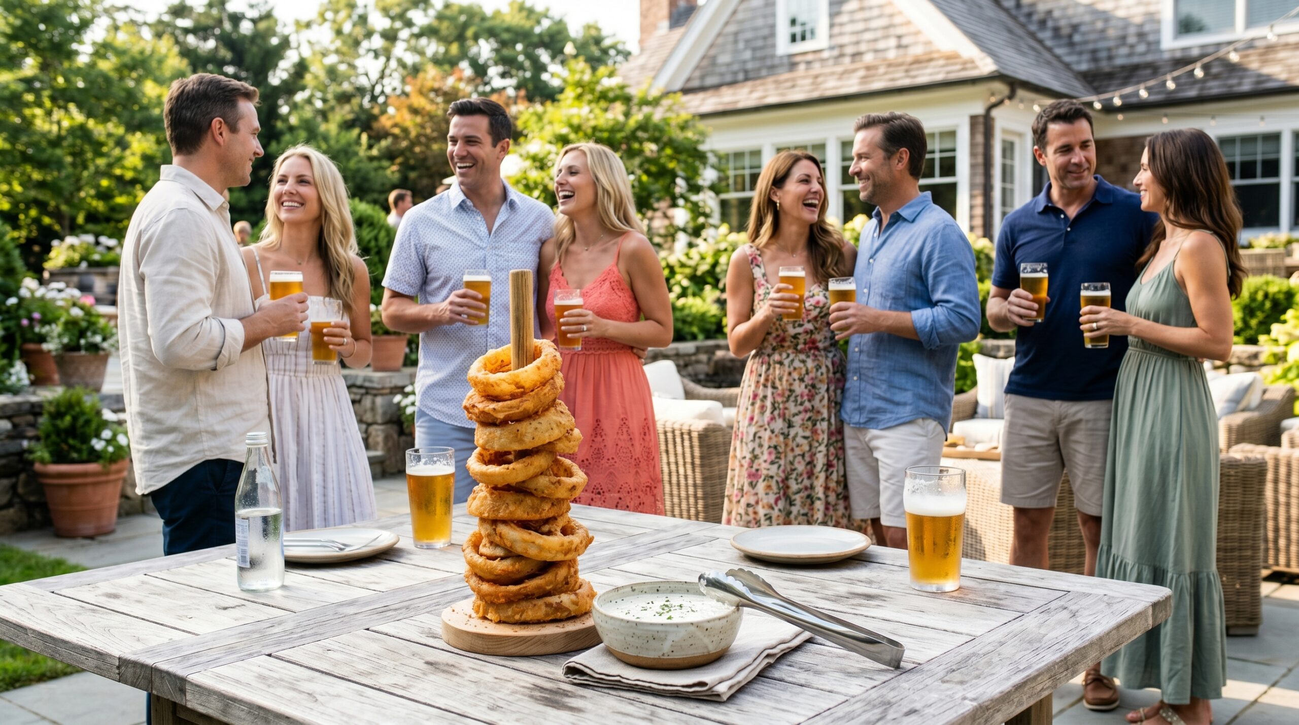 Elegant outdoor estate patio during a bright summer afternoon gathering with couples laughing in the background, a towering wooden dowel of golden onion rings in the foreground